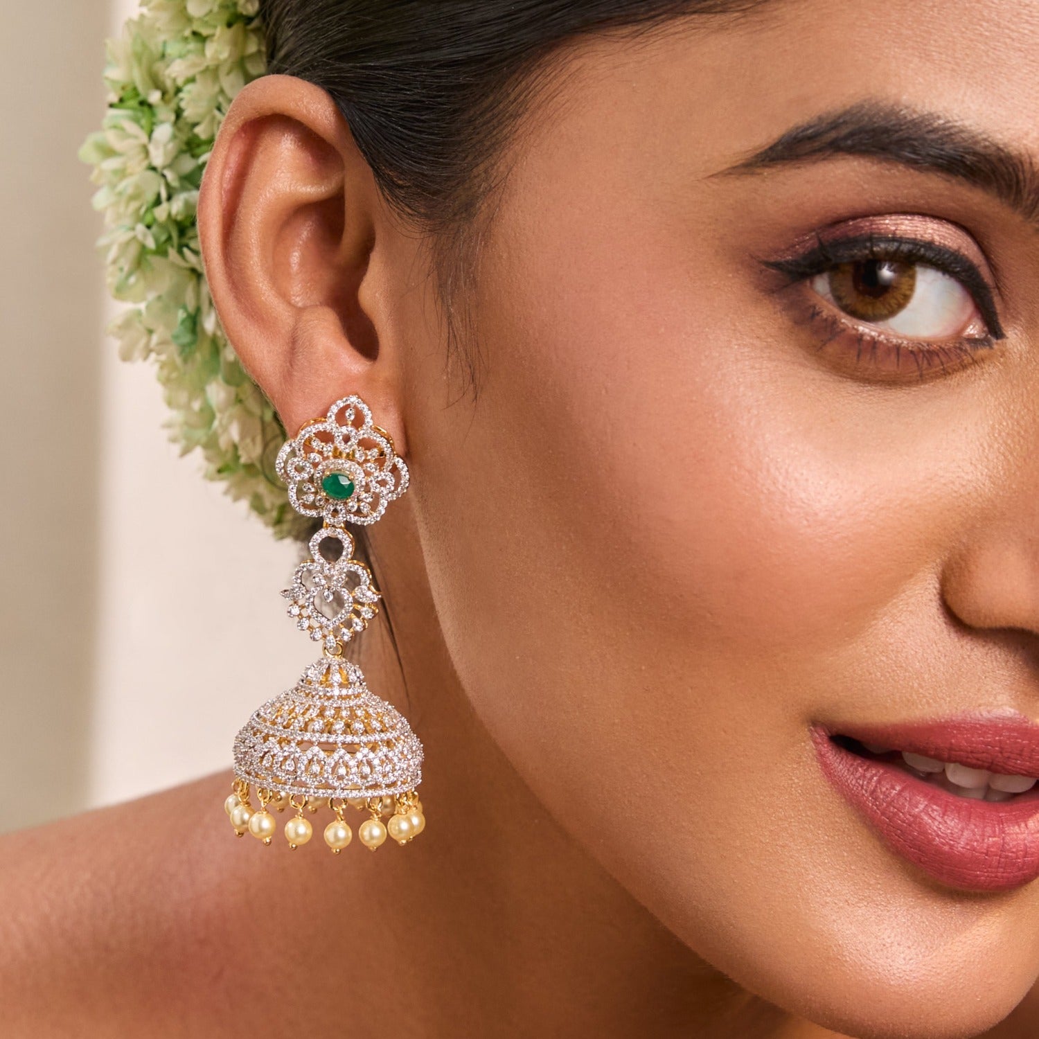 Camellia Floral CZ Silver Jhumka Earrings