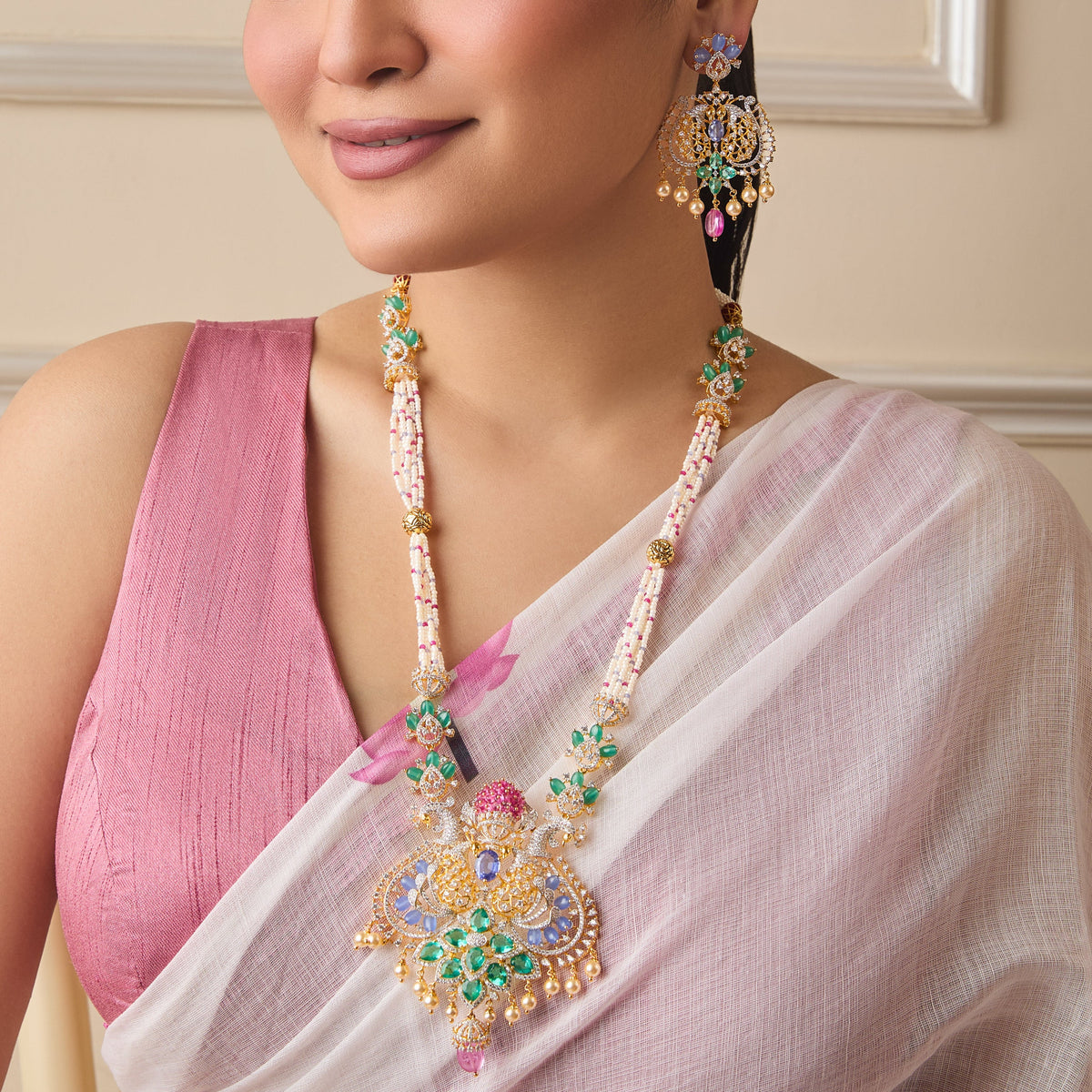 Roshani CZ Long Silver Necklace Set