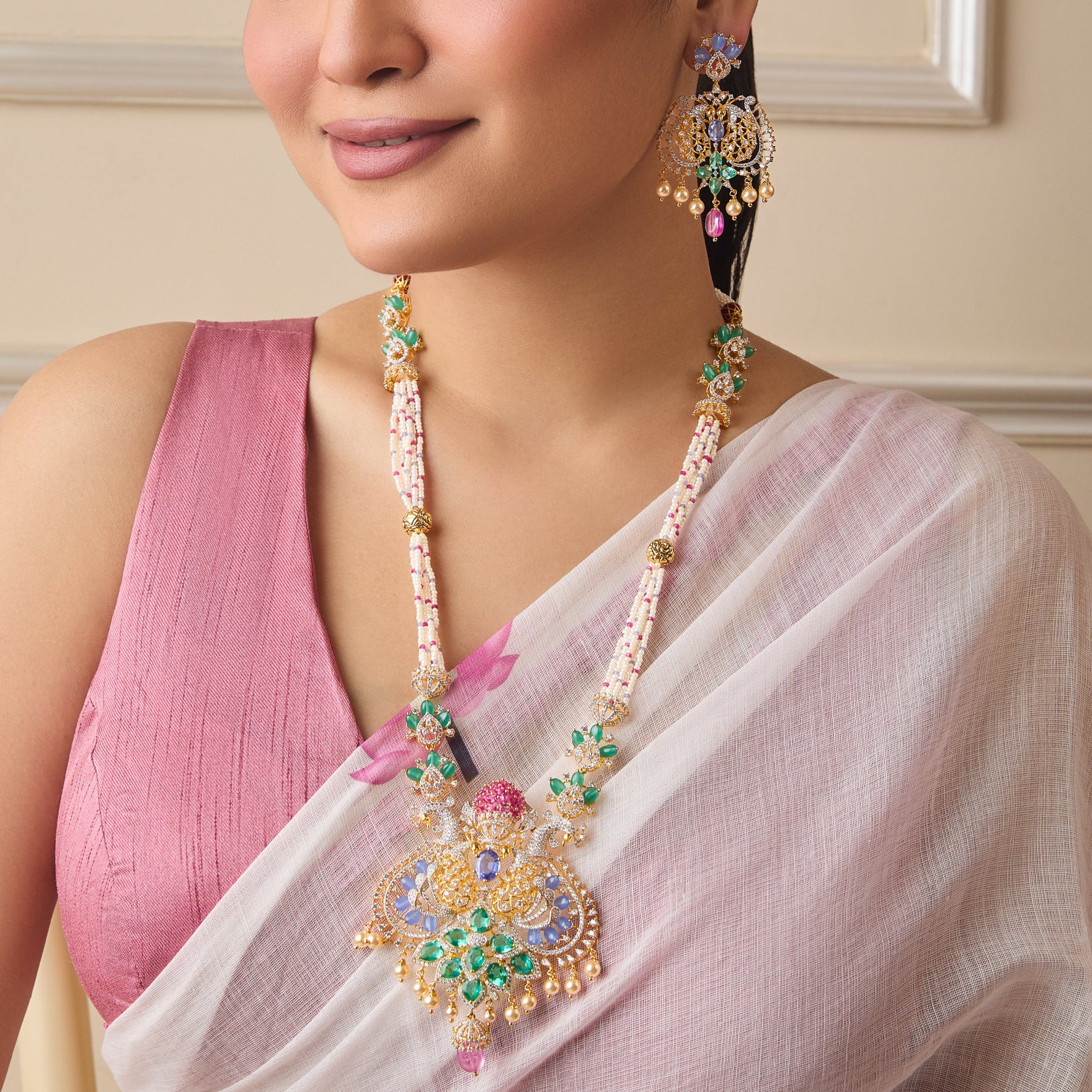 Roshani CZ Long Silver Necklace Set