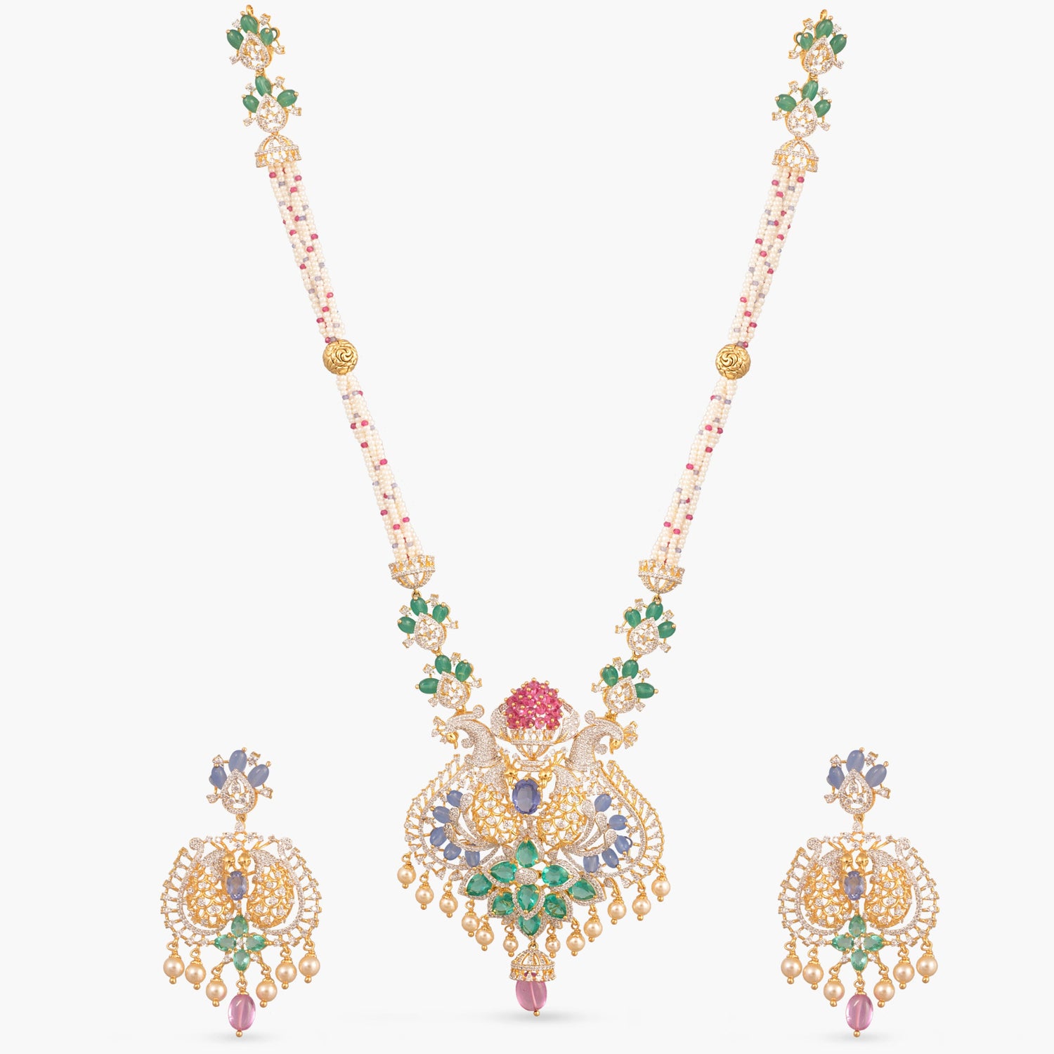 Roshani CZ Long Silver Necklace Set