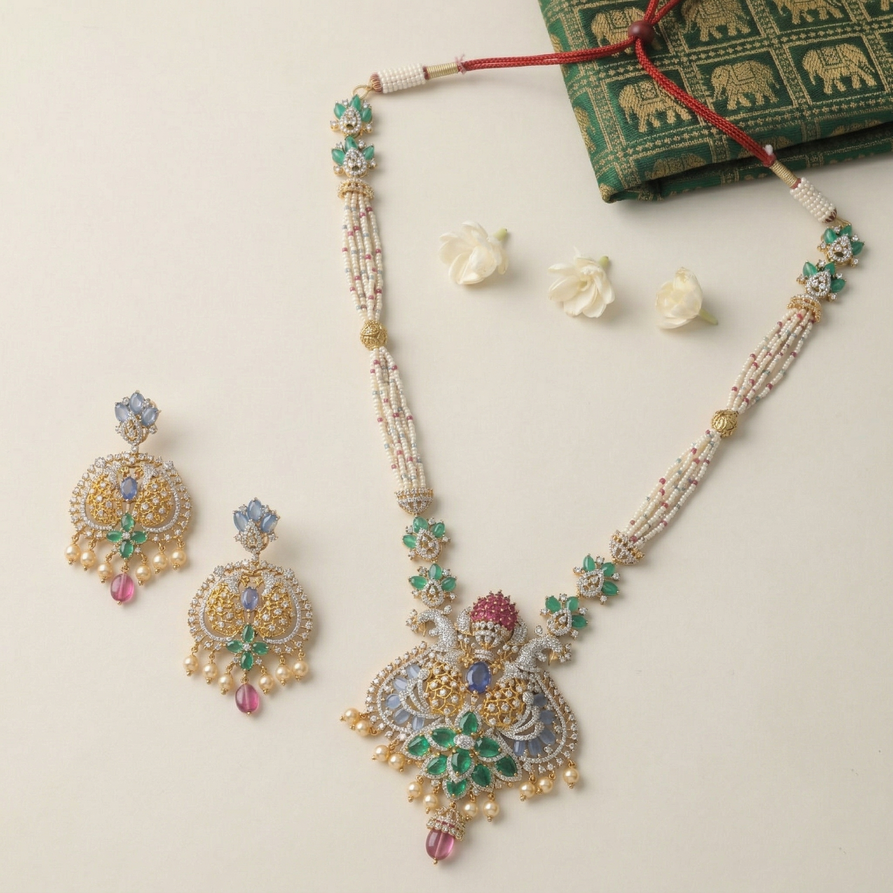 Roshani CZ Long Silver Necklace Set