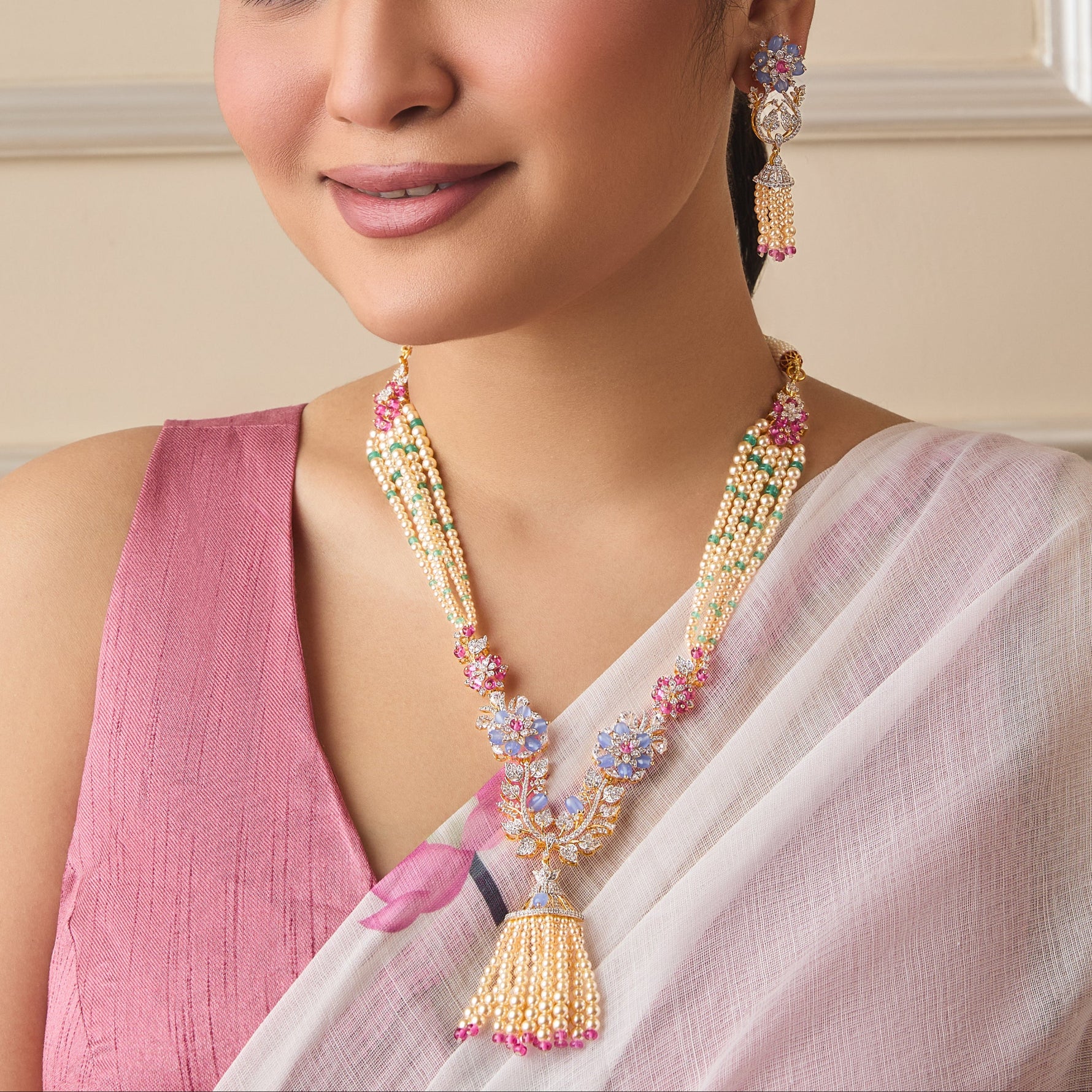 Priya CZ Long Silver Necklace Set