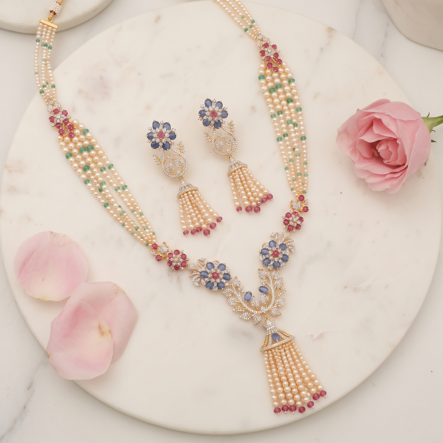 Priya CZ Long Silver Necklace Set