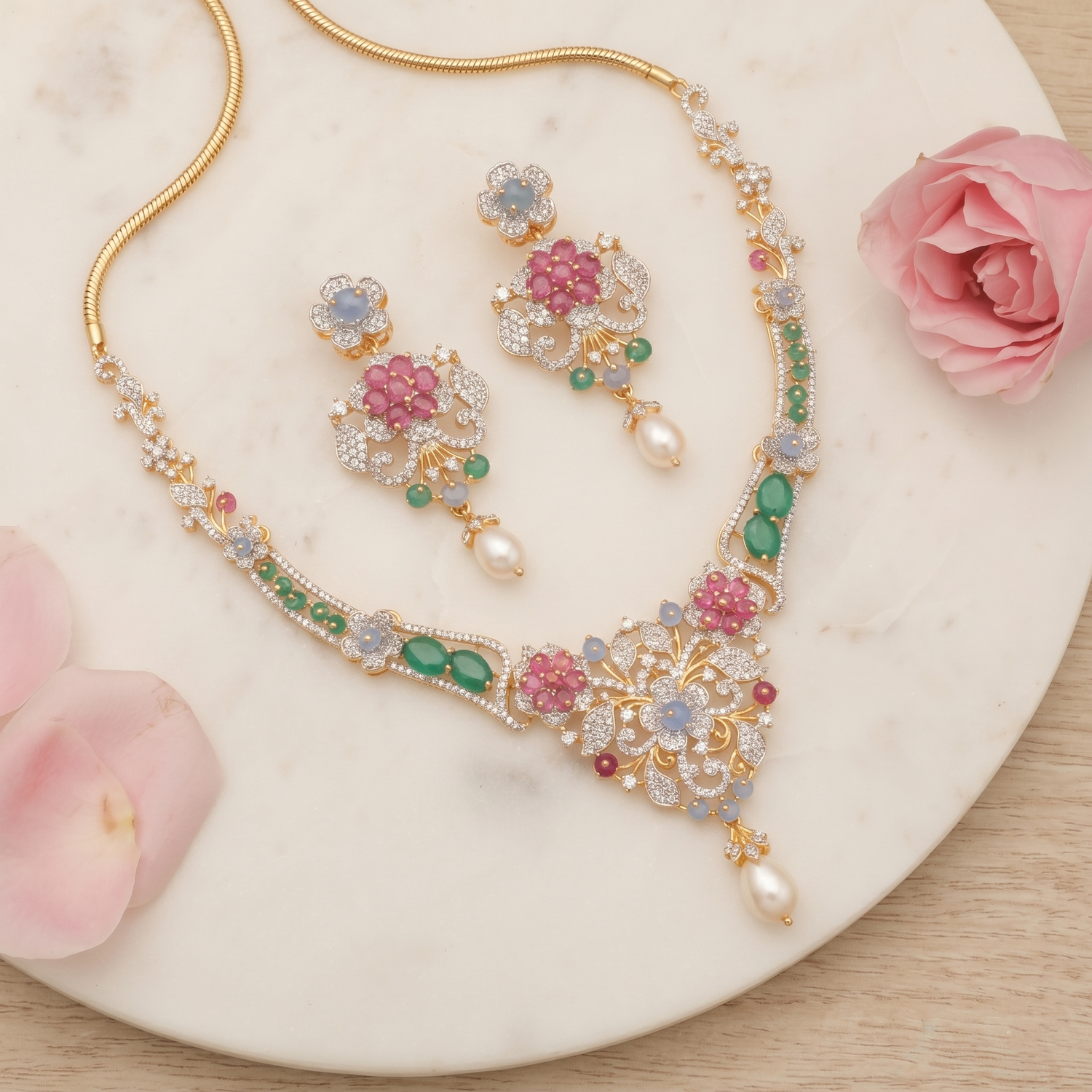 Anaya CZ Silver Necklace Set