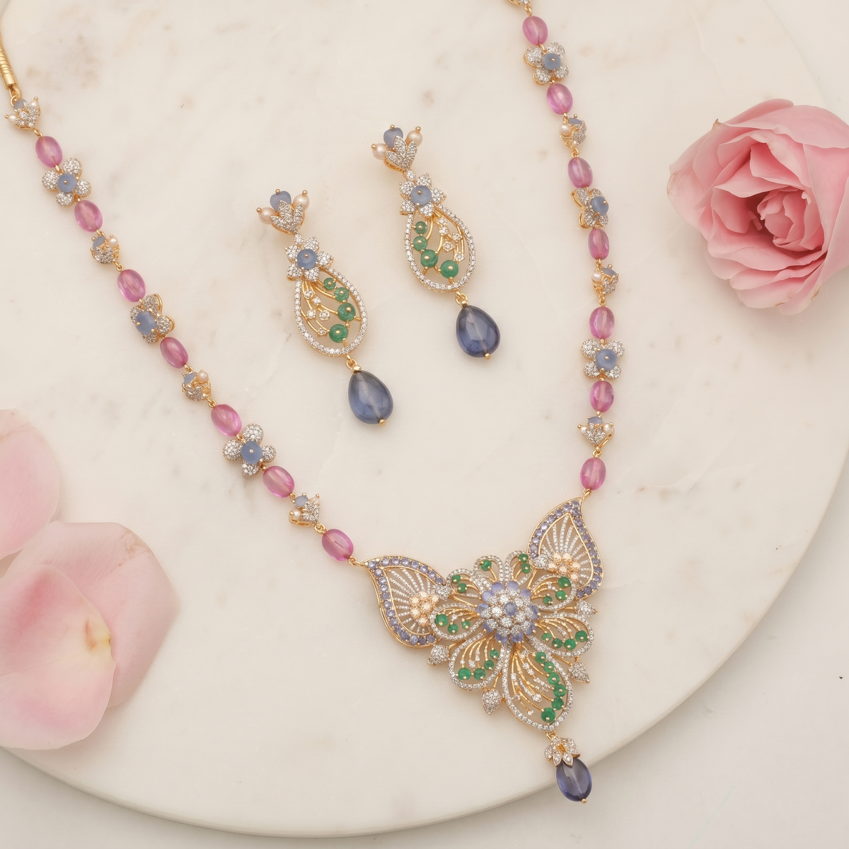 Noorani CZ Silver Necklace Set