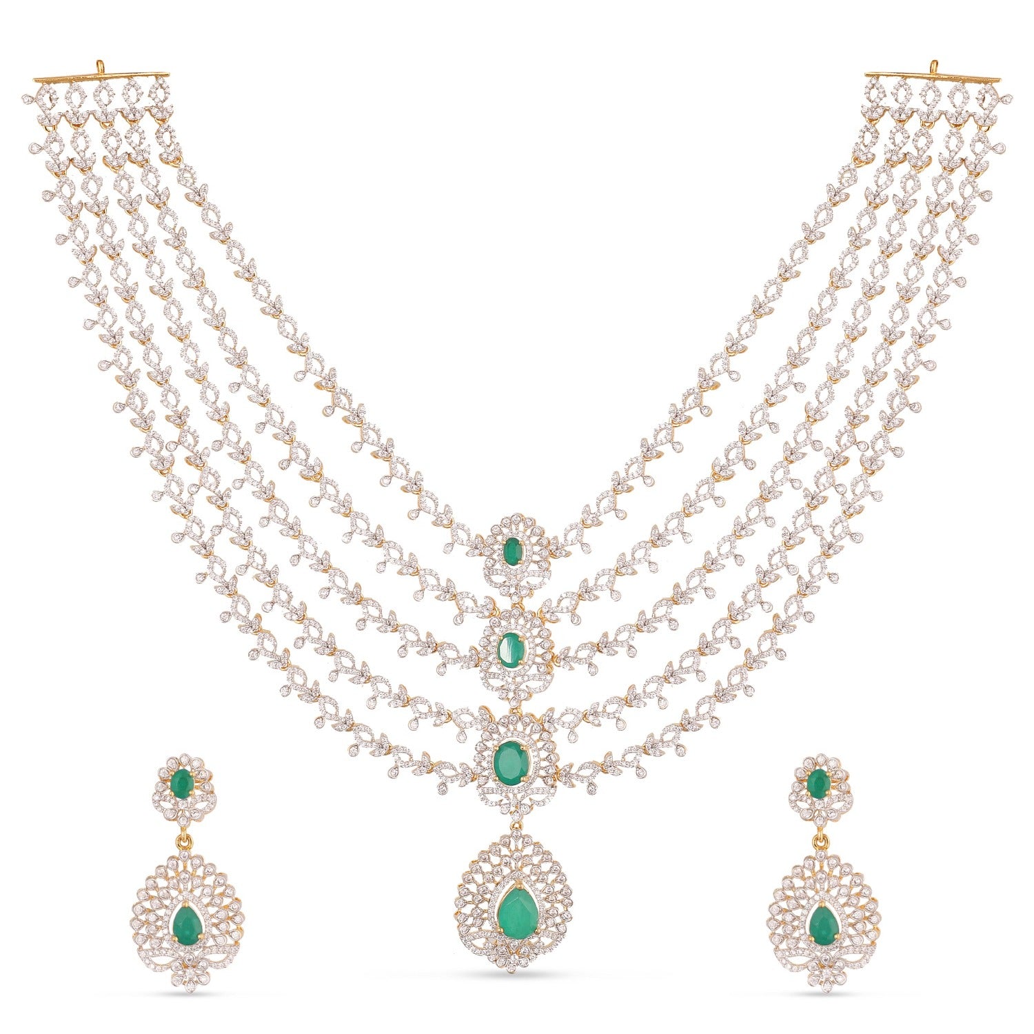 Cascading Green Stone Silver CZ Necklace Set