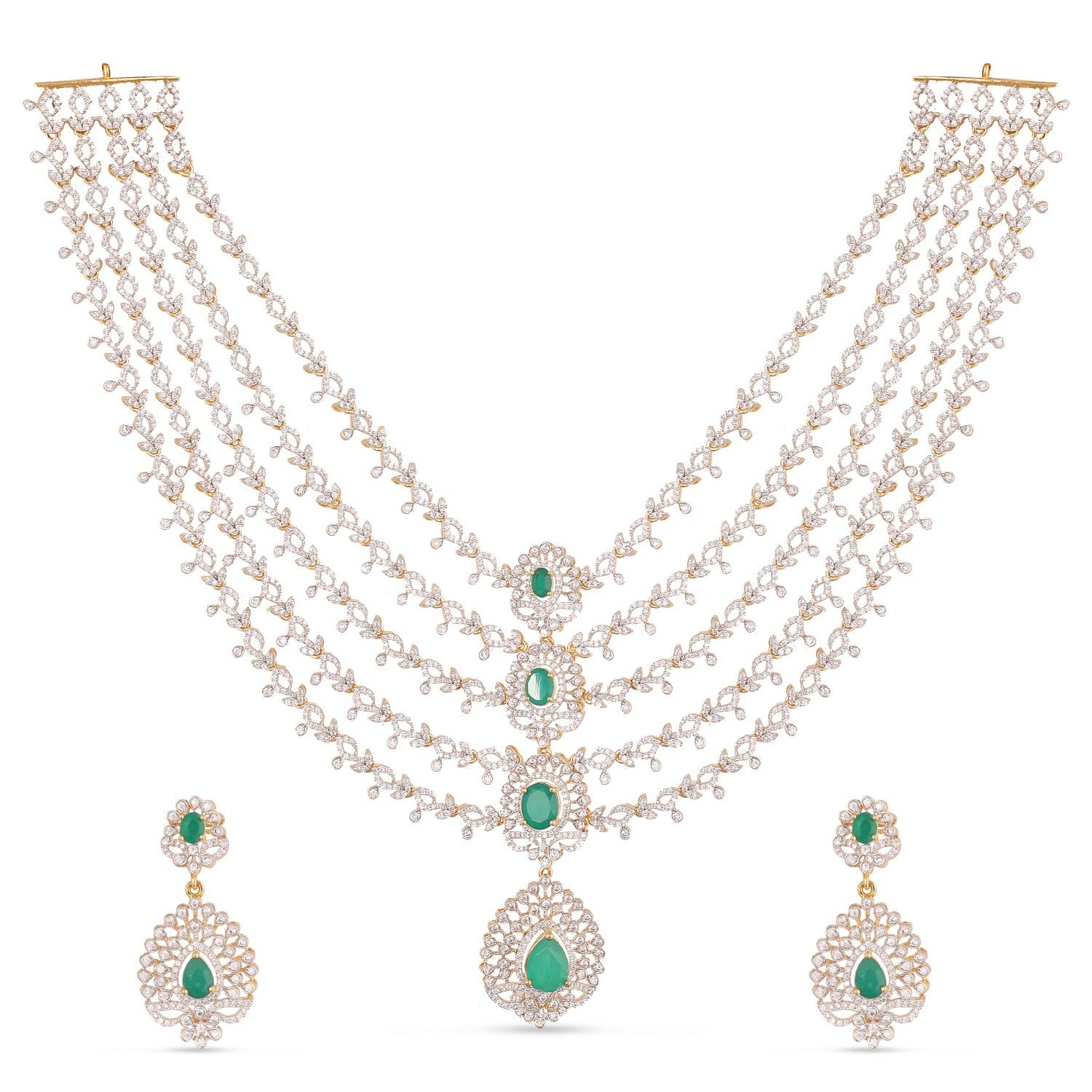 Necklaces Cascading Green Stone Silver CZ Necklace Set