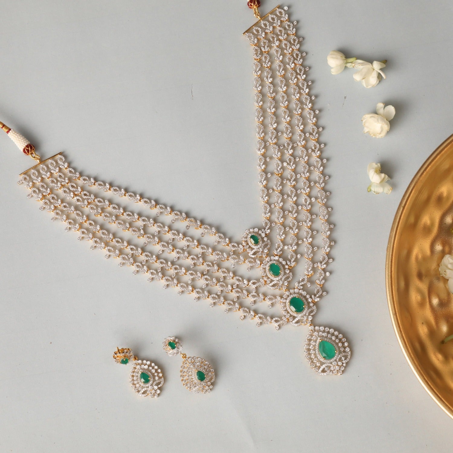 Necklaces Cascading Green Stone Silver CZ Necklace Set
