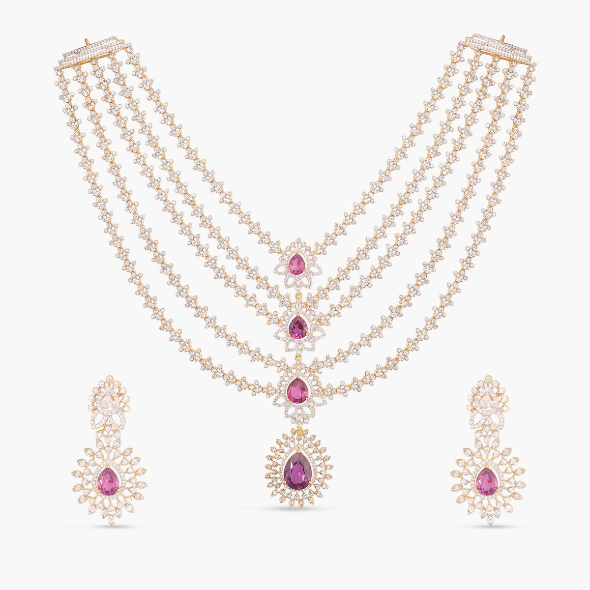 Pink Serenity Multi-Layered Silver CZ Necklace Set