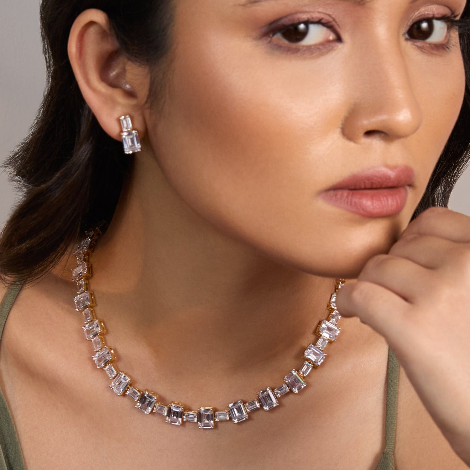 Necklace Cascading Emerald Cut CZ Silver Necklace Set