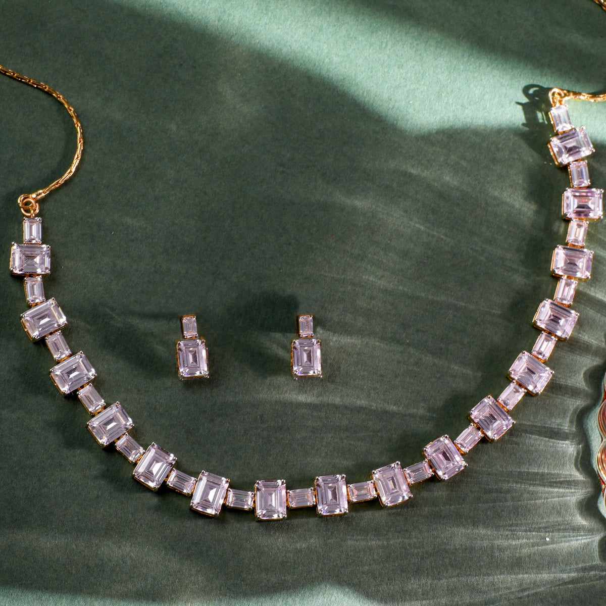 Cascading Emerald cut CZ Silver Necklace Set 