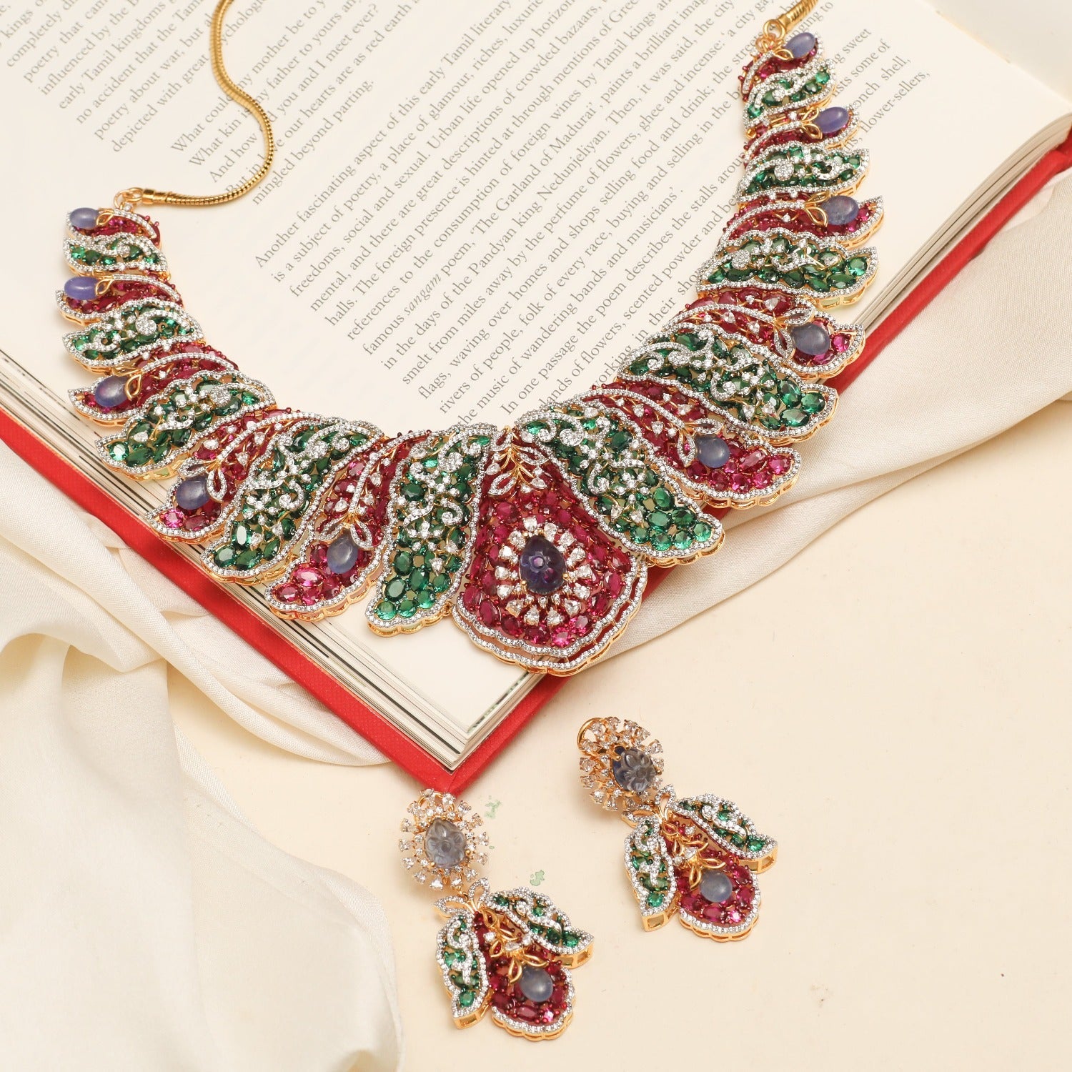 Necklace Floral Brocade Statement Silver Necklace Set