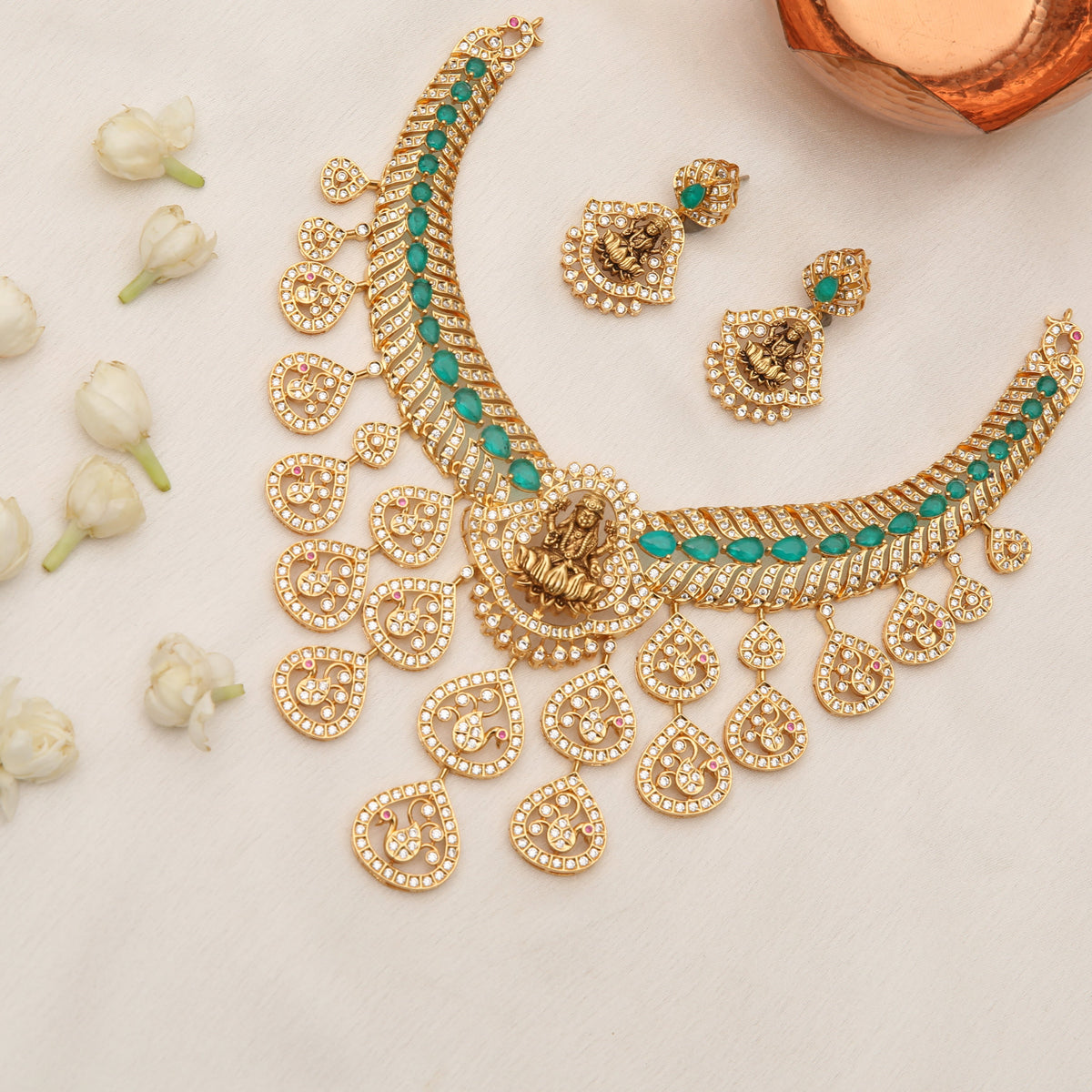 Lakshmi Cascade CZ Silver Necklace Set