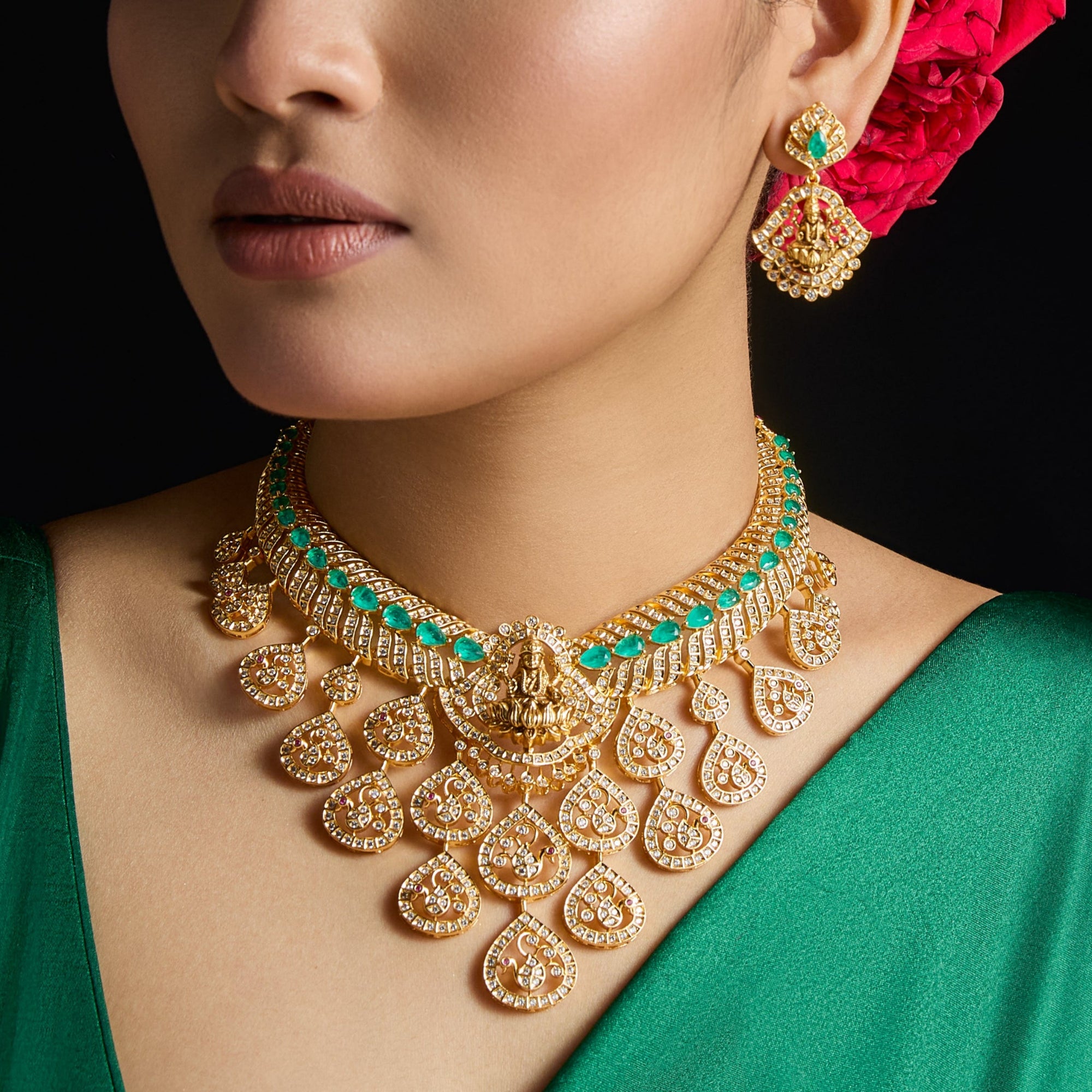 Lakshmi Cascade CZ Silver Necklace Set