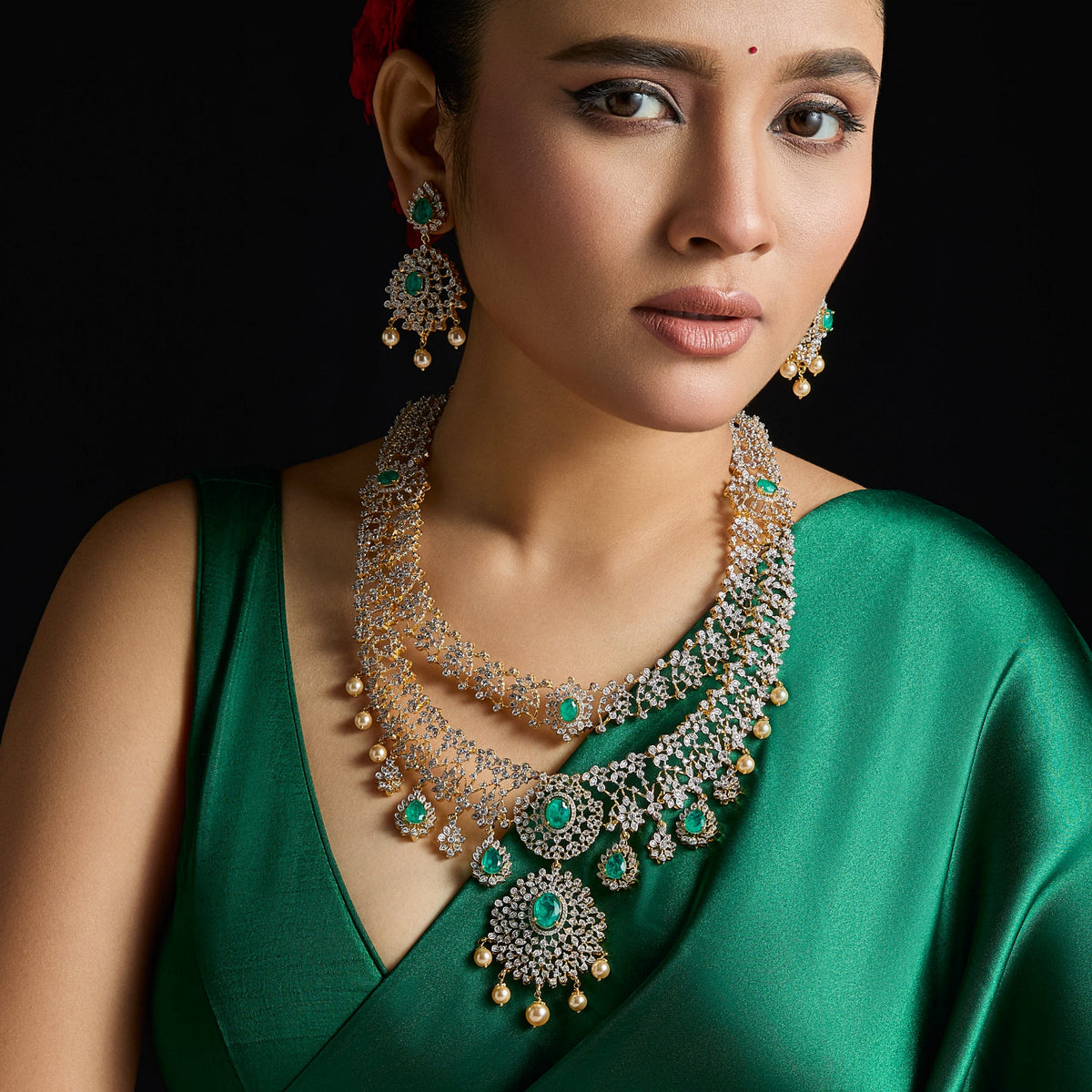 Rhea Double Layered CZ Silver Necklace Set