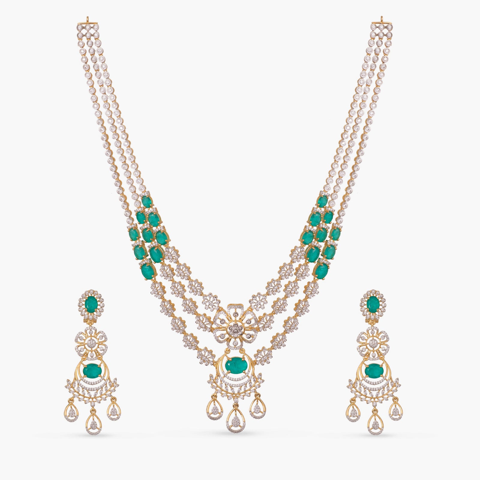 Pushpa Floral Layered CZ Silver Necklace Set