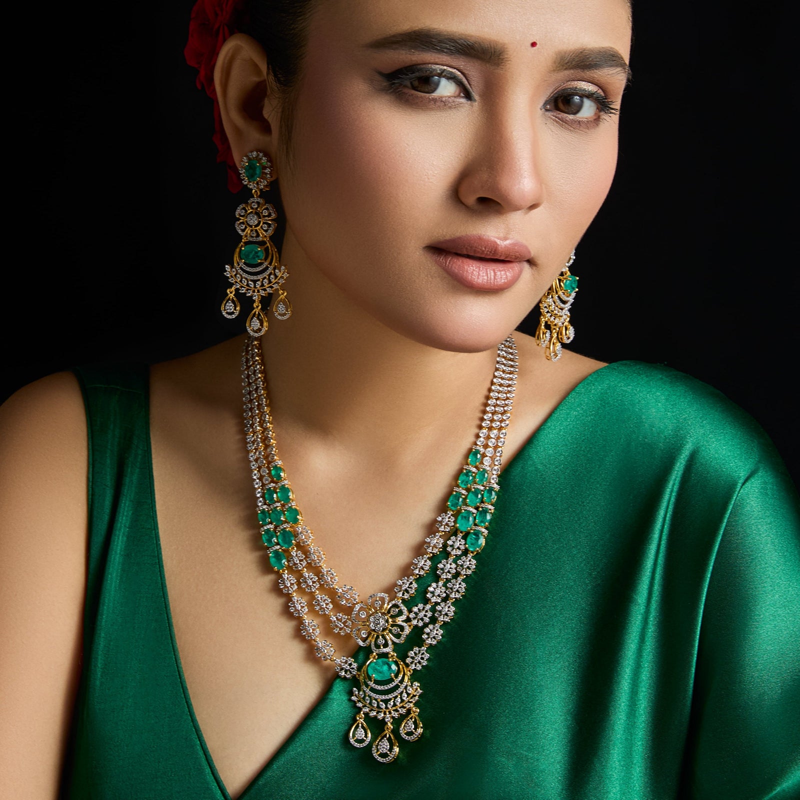 Pushpa Floral Layered CZ Silver Necklace Set