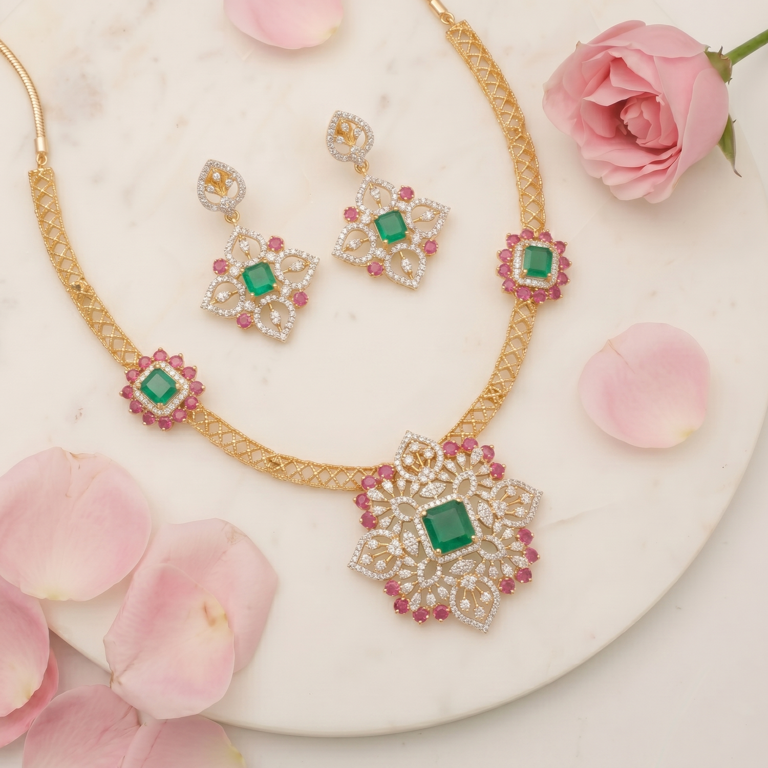 Meera CZ Silver Necklace Set