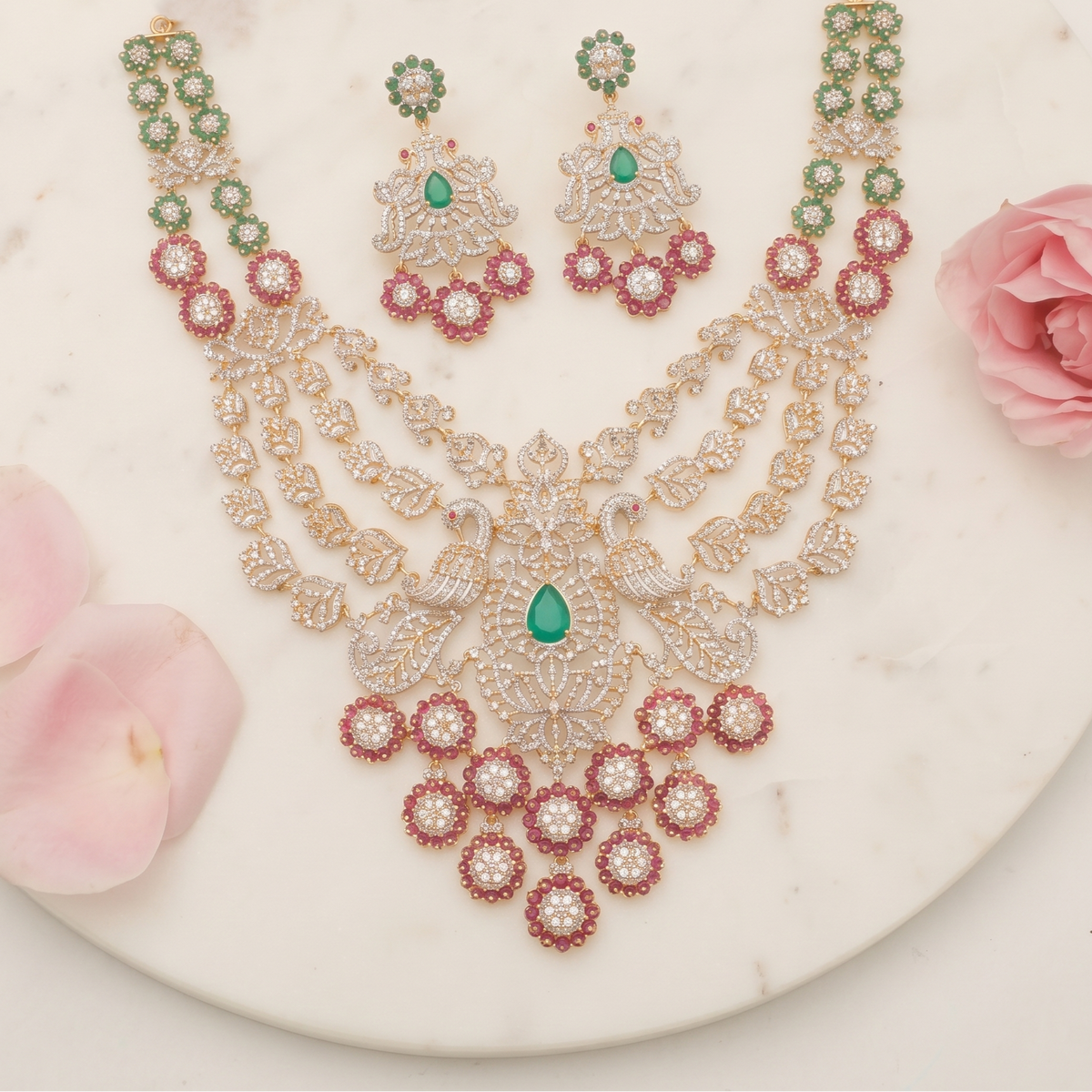 Sitara CZ Layered Silver Necklace Set