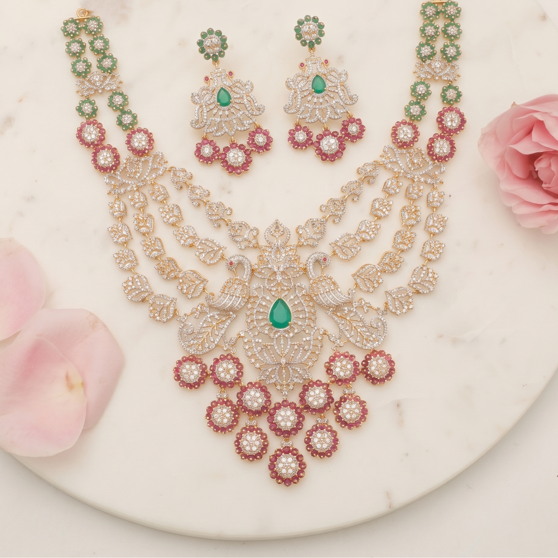 Sitara CZ Layered Silver Necklace Set