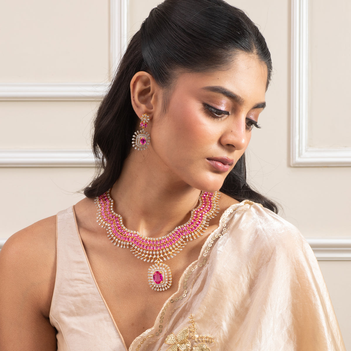 Swari CZ Silver Necklace Set