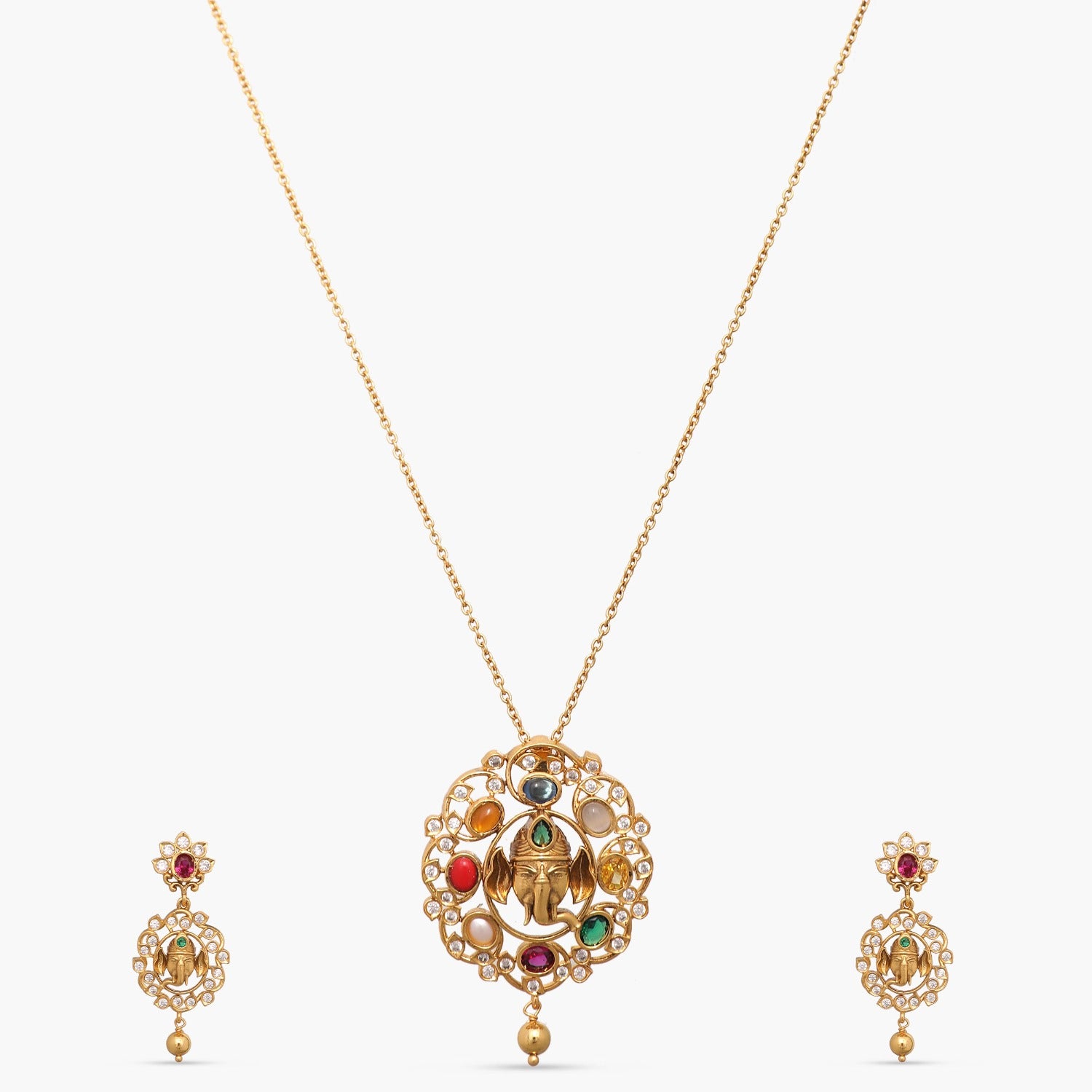 Vidmaya Navaratna CZ Silver Pendant Set