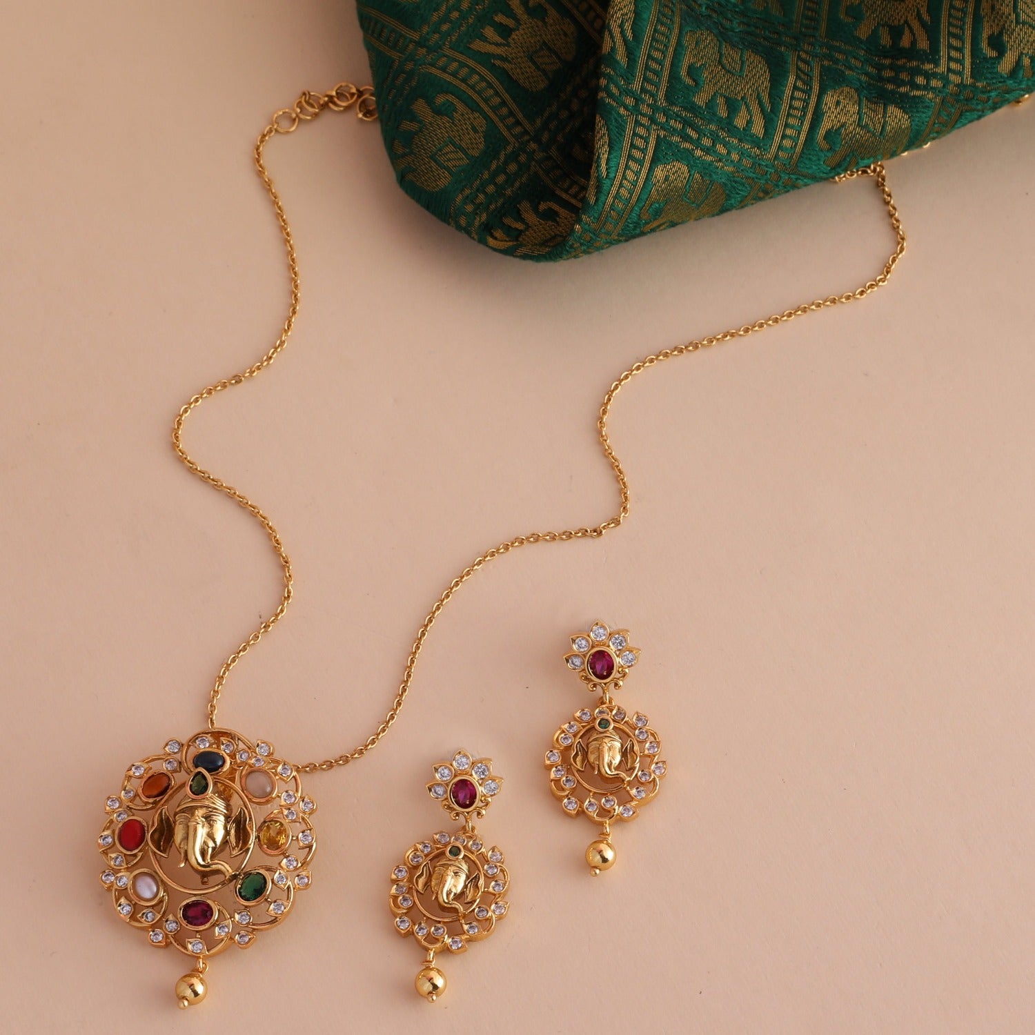 Vidmaya Navaratna CZ Silver Pendant Set