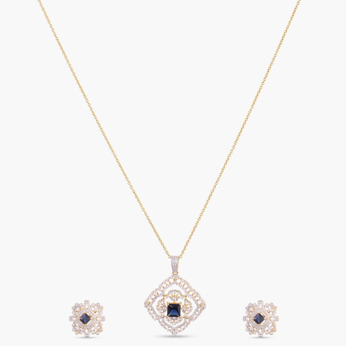 Sapphire Bloom CZ Silver Pendant Set