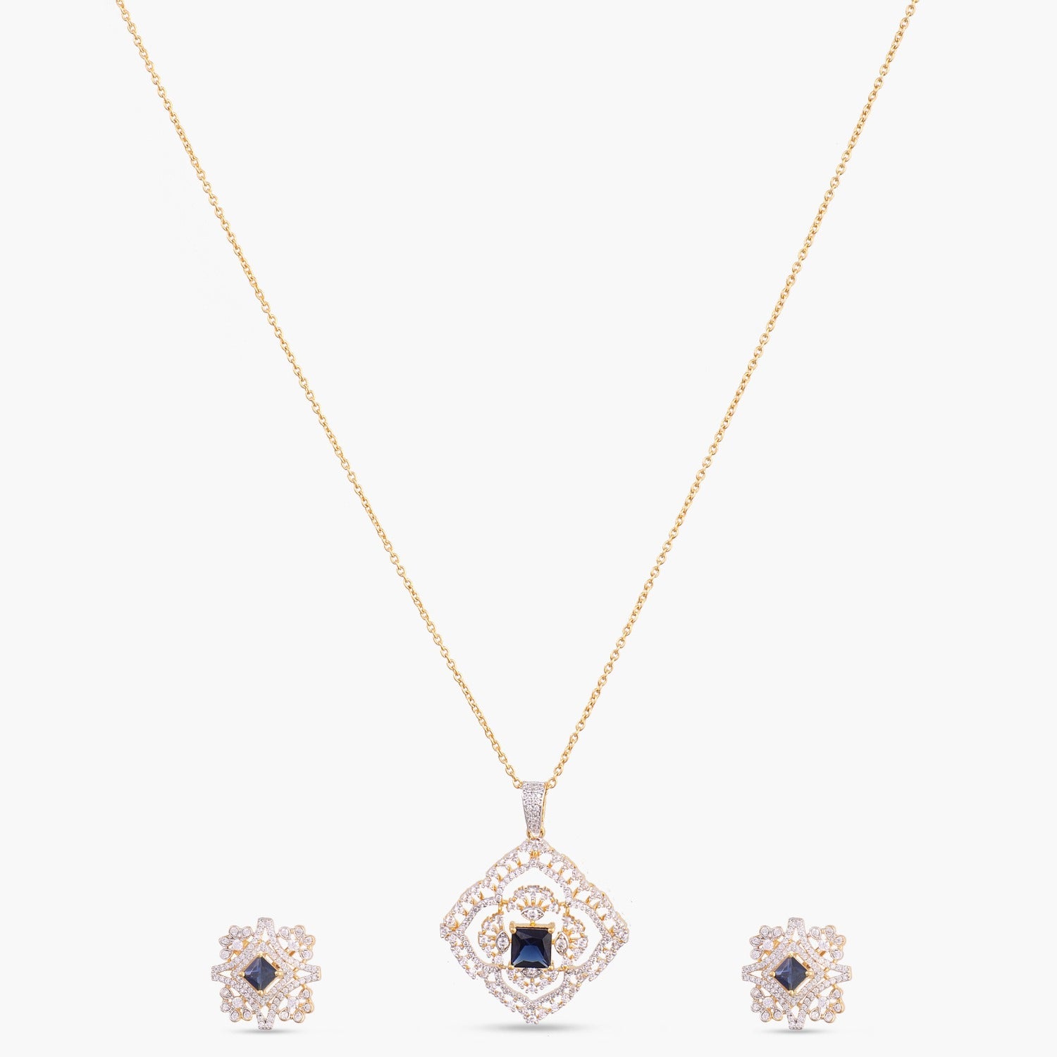 Sapphire Bloom CZ Silver Pendant Set