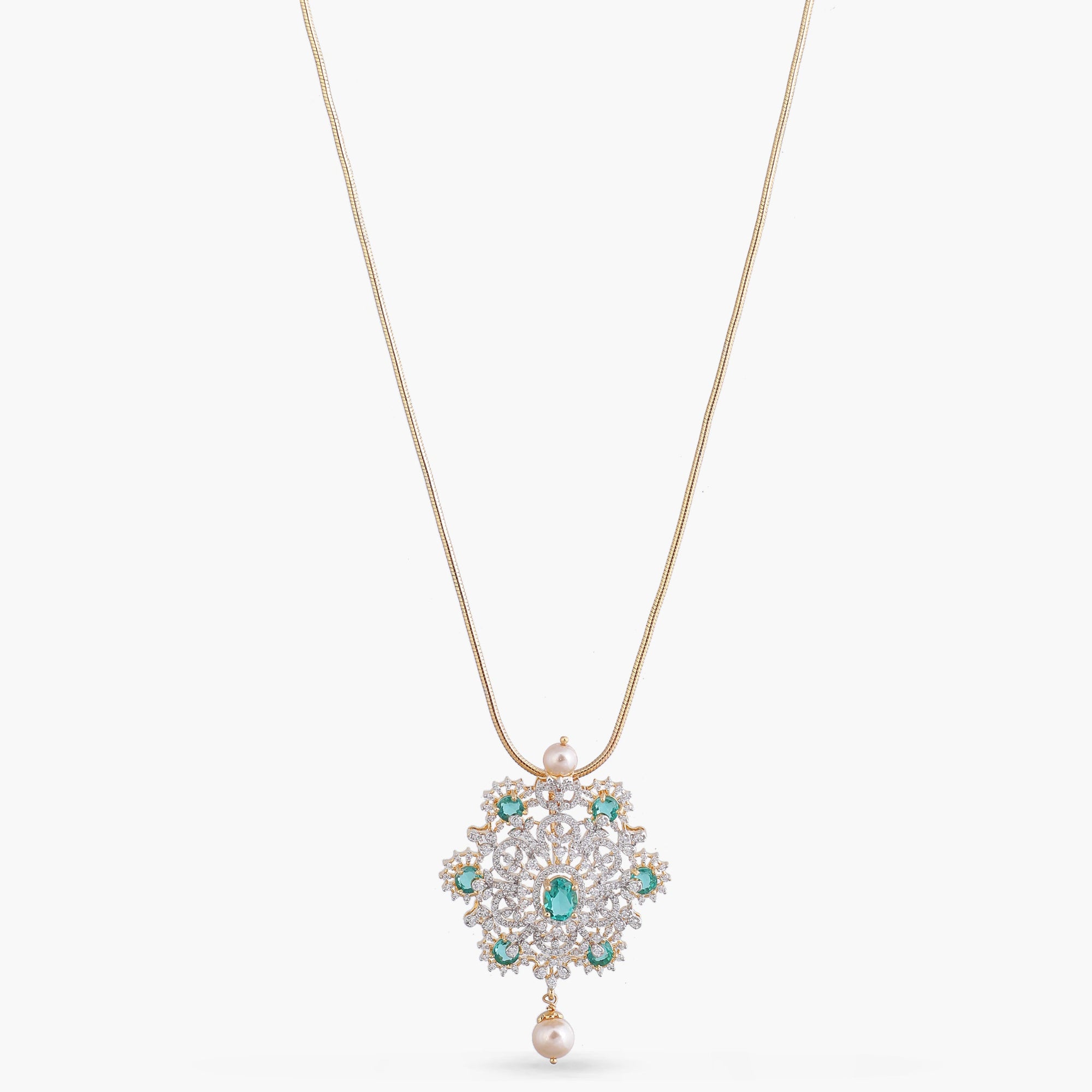 Nivriti Green & White CZ Silver Pendant Necklace