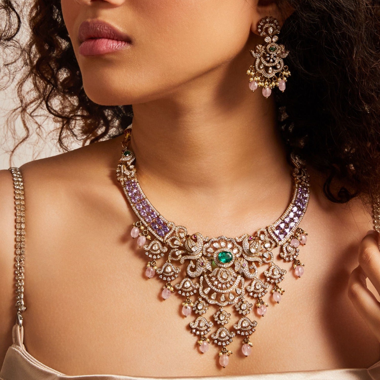 Necklaces Elephant and Peacock Moissanite Silver Necklace Set