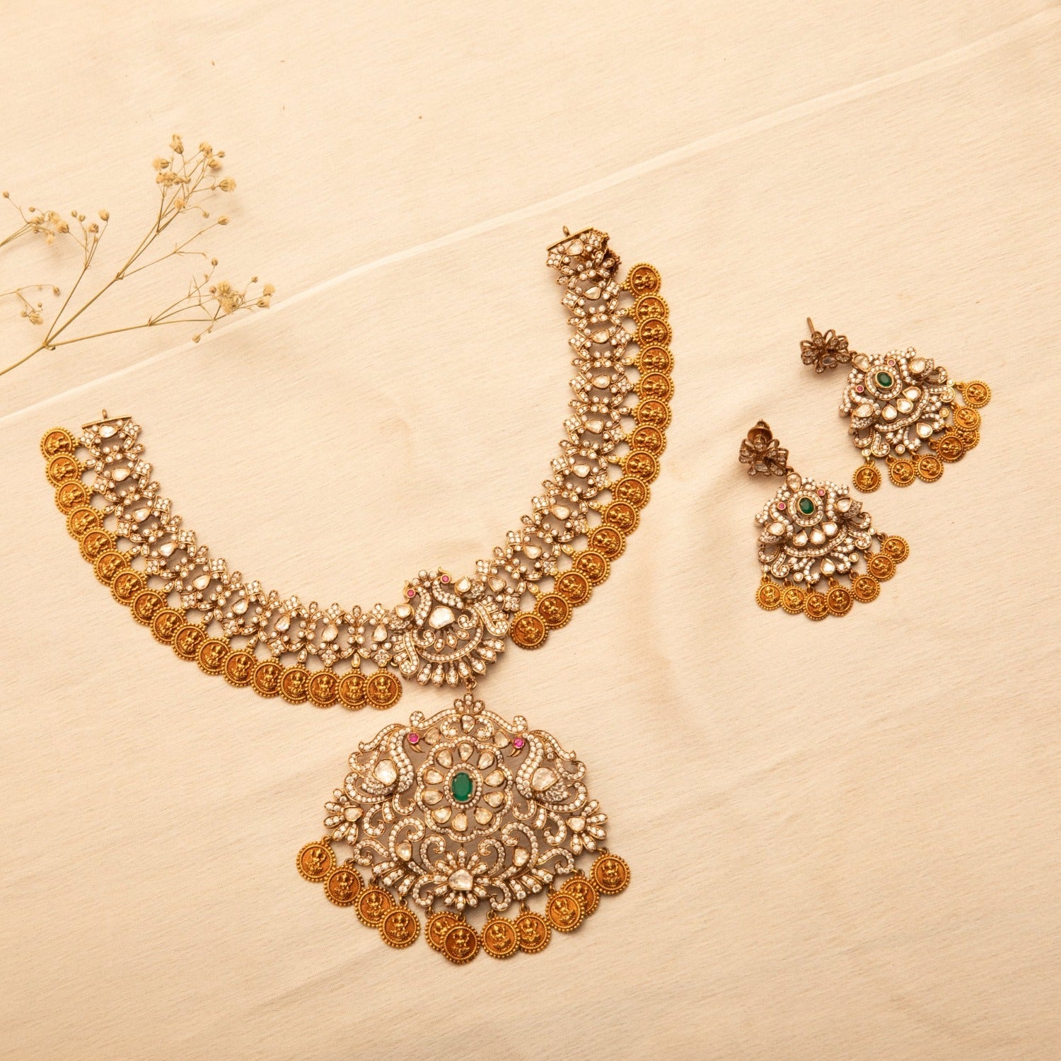 Necklaces Shreeya Coin CZ Silver Necklace Set
