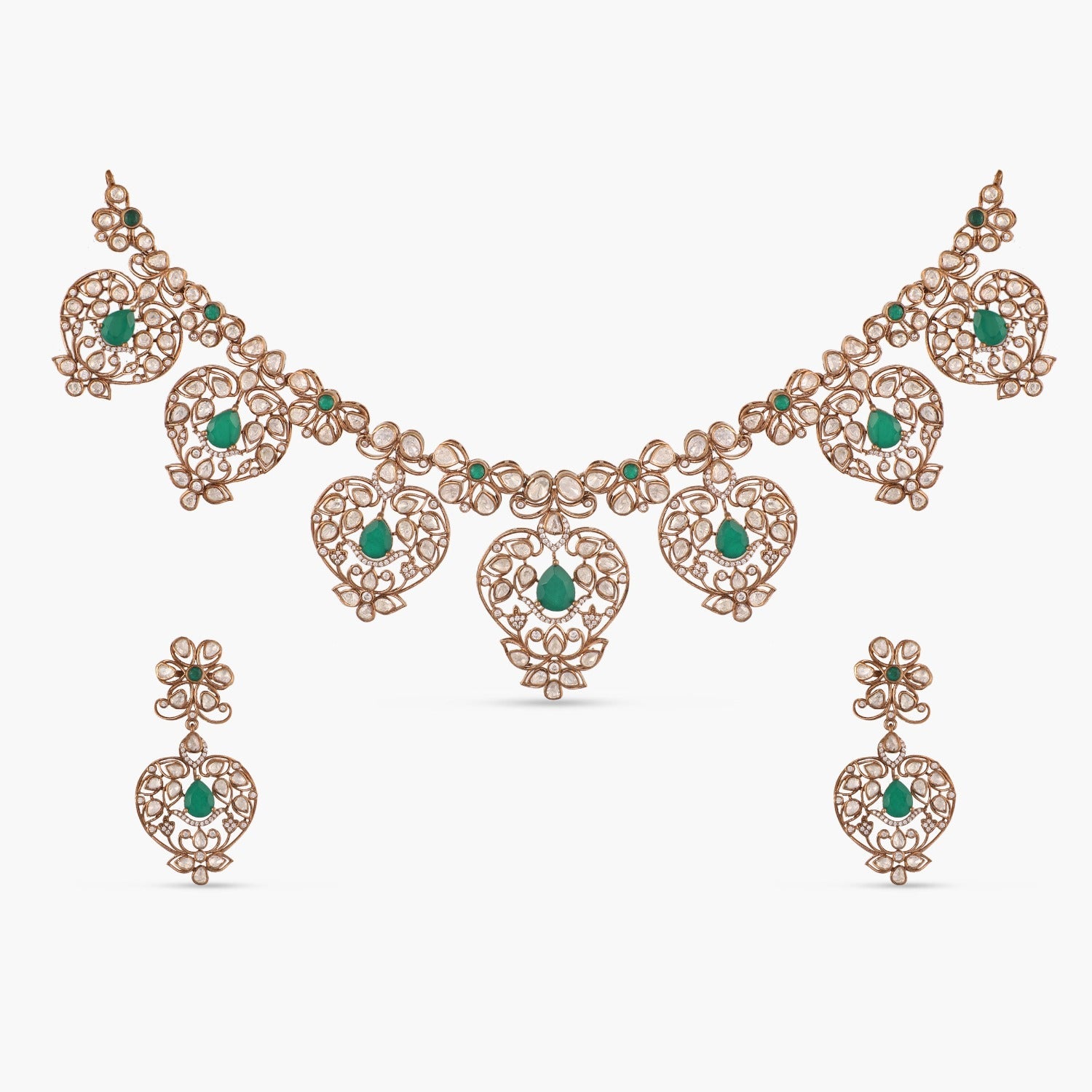 Emerald Floral Moissanite Silver Necklace Set