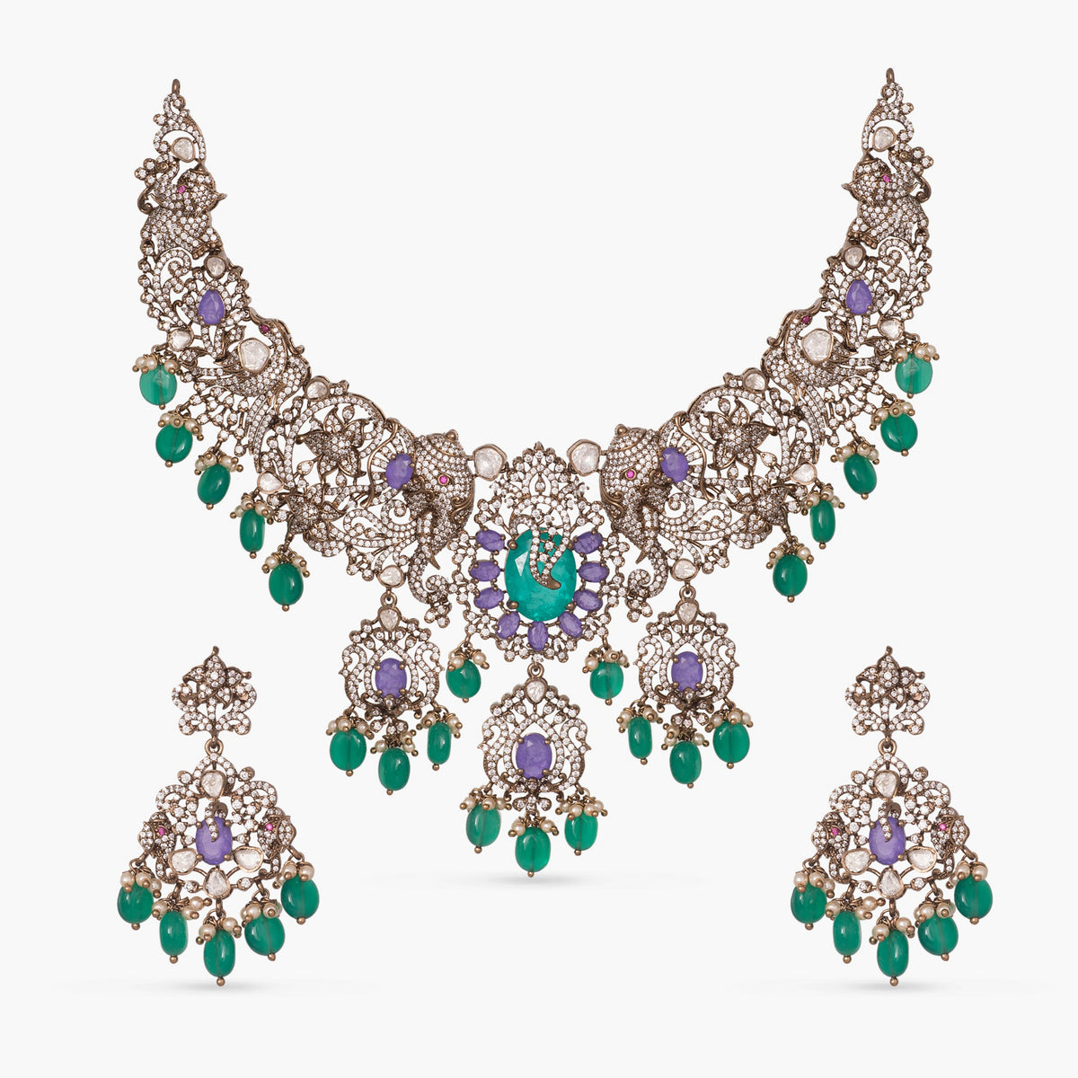  Ishani Moissanite Victorian Silver Necklace Set