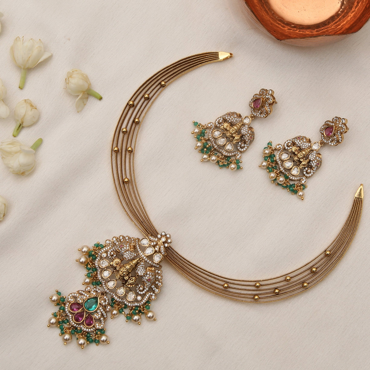 Vedika Kempu Antique Silver Necklace Set