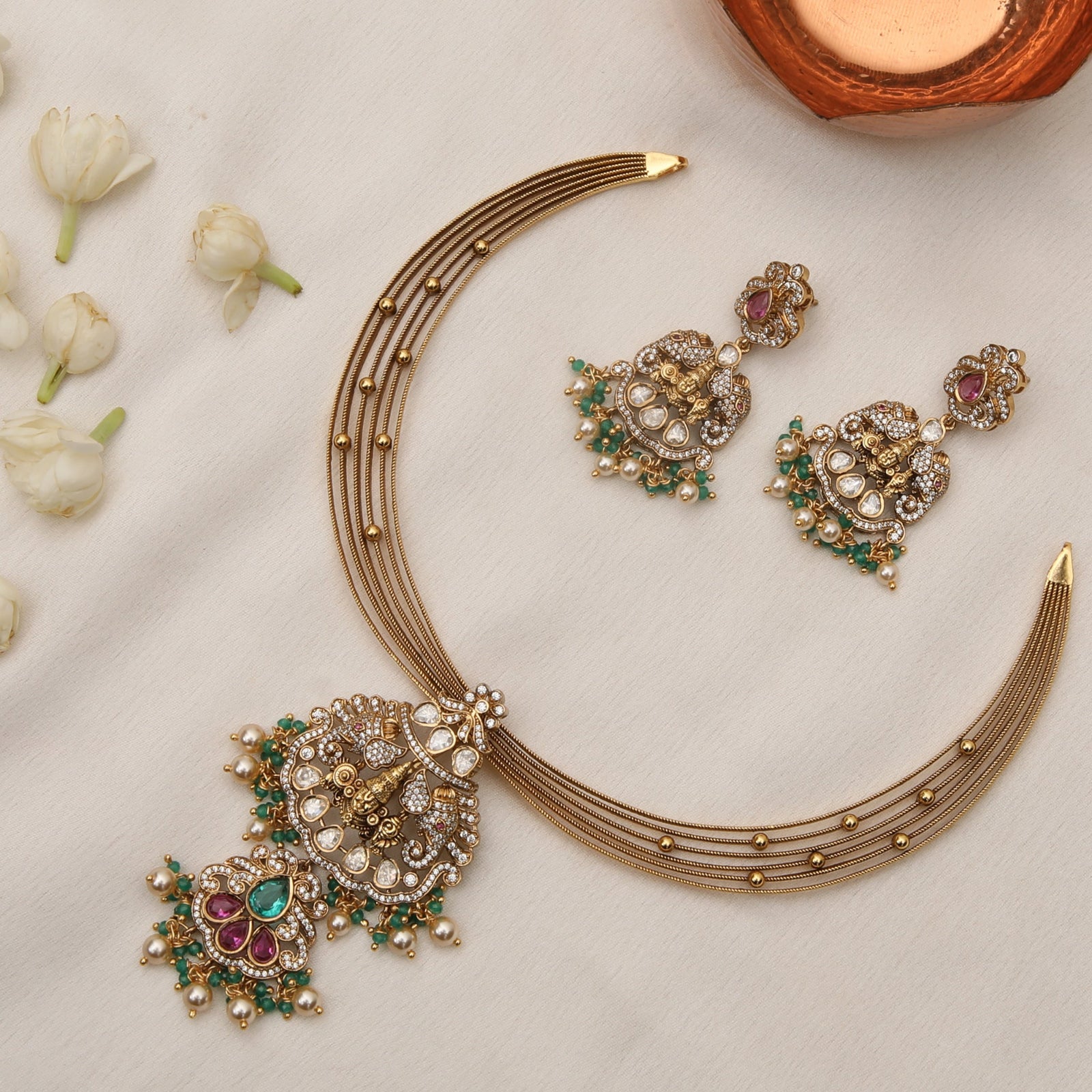 Vedika Kempu Antique Silver Necklace Set