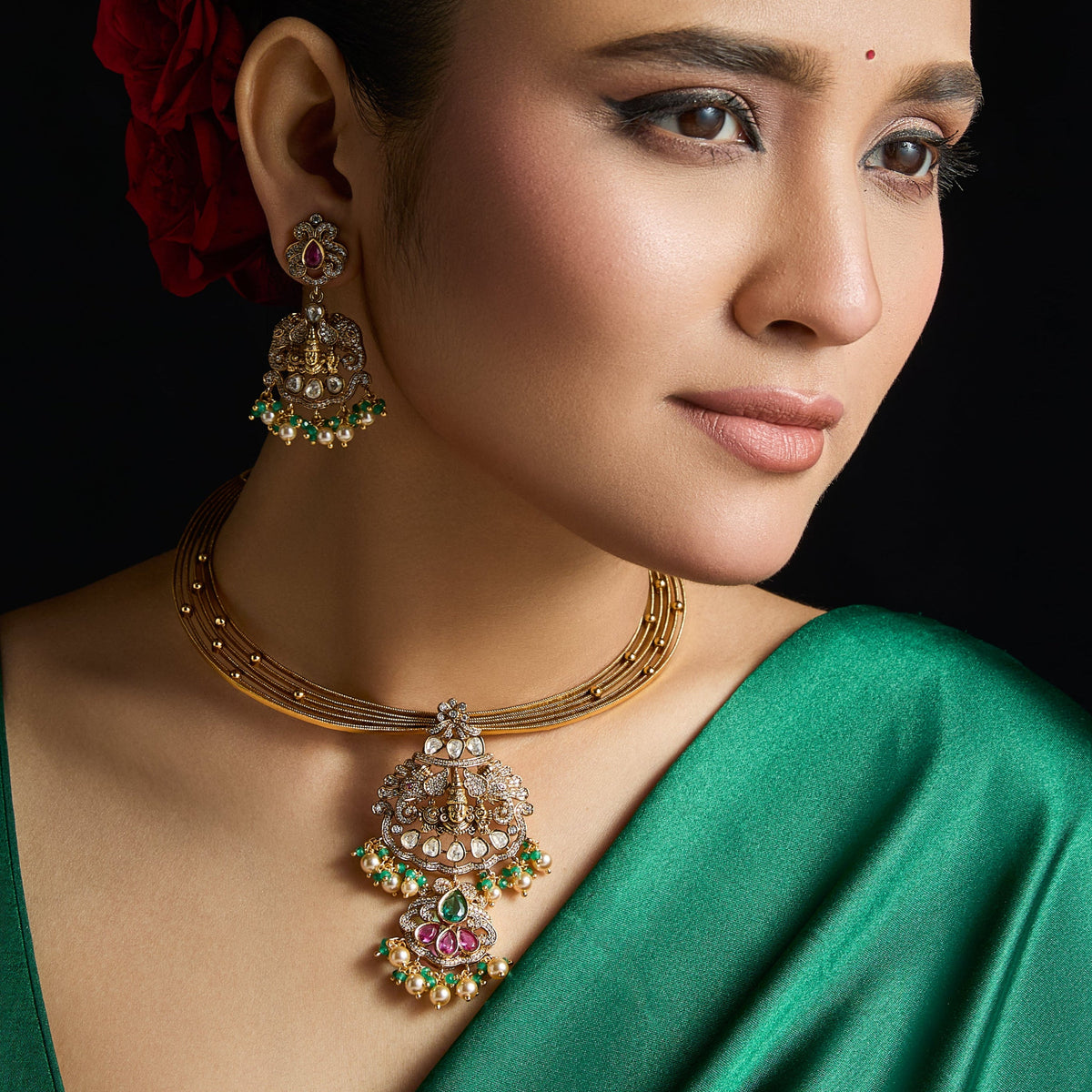 Vedika Kempu Antique Silver Necklace Set