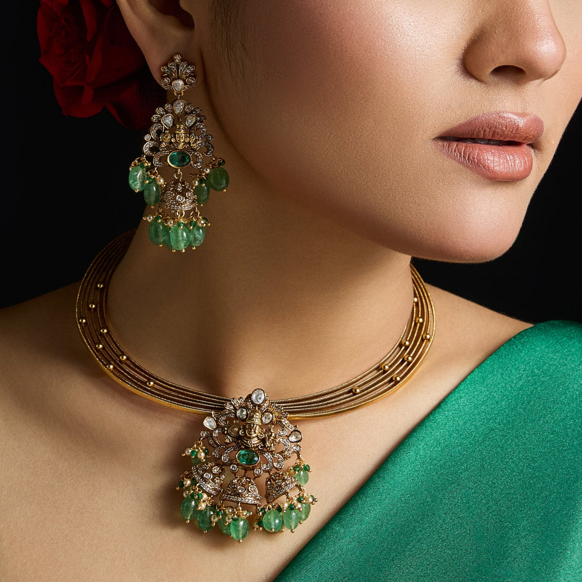 Diya Kempu Antique Silver Necklace Set