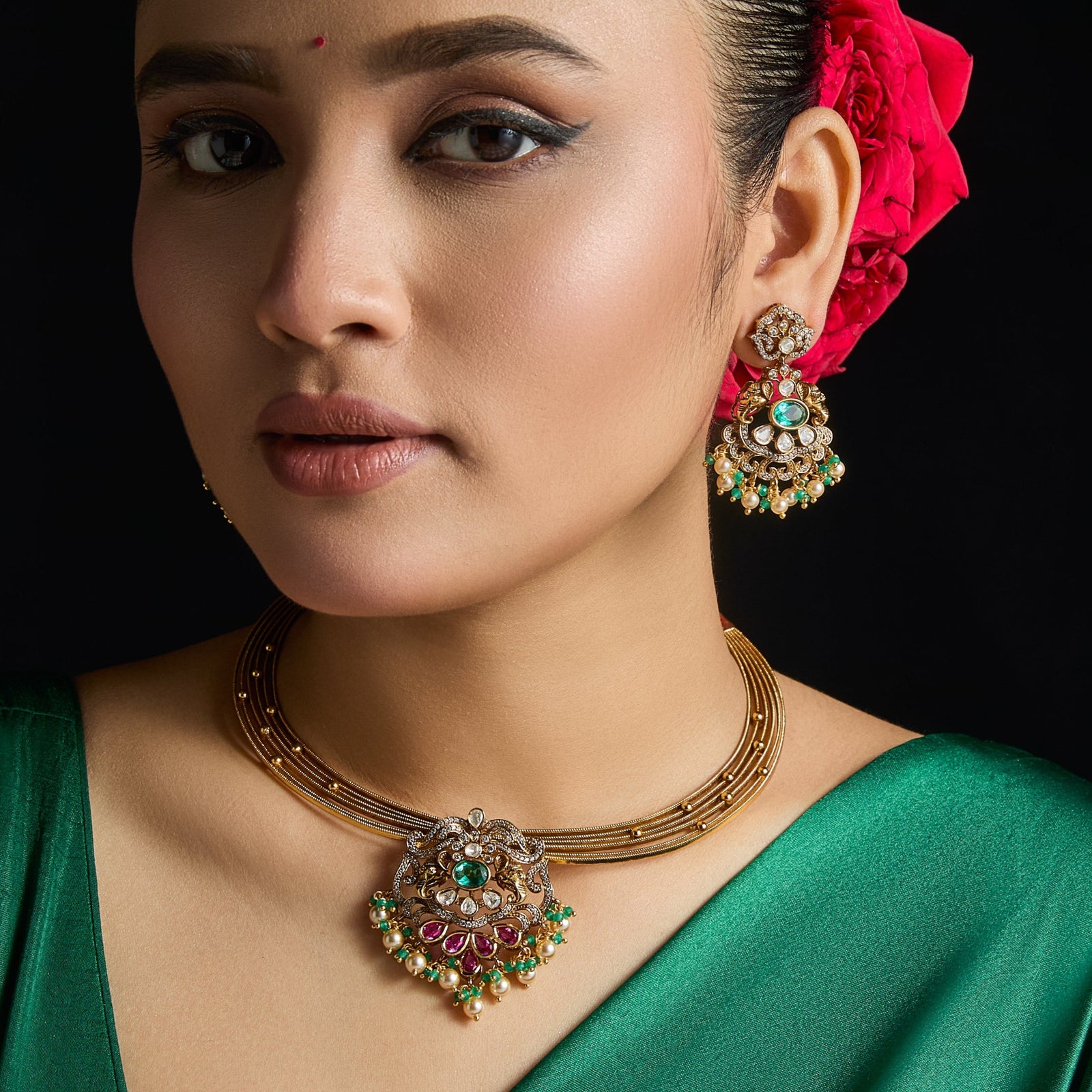 Anaya Kempu Antique Silver Necklace Set