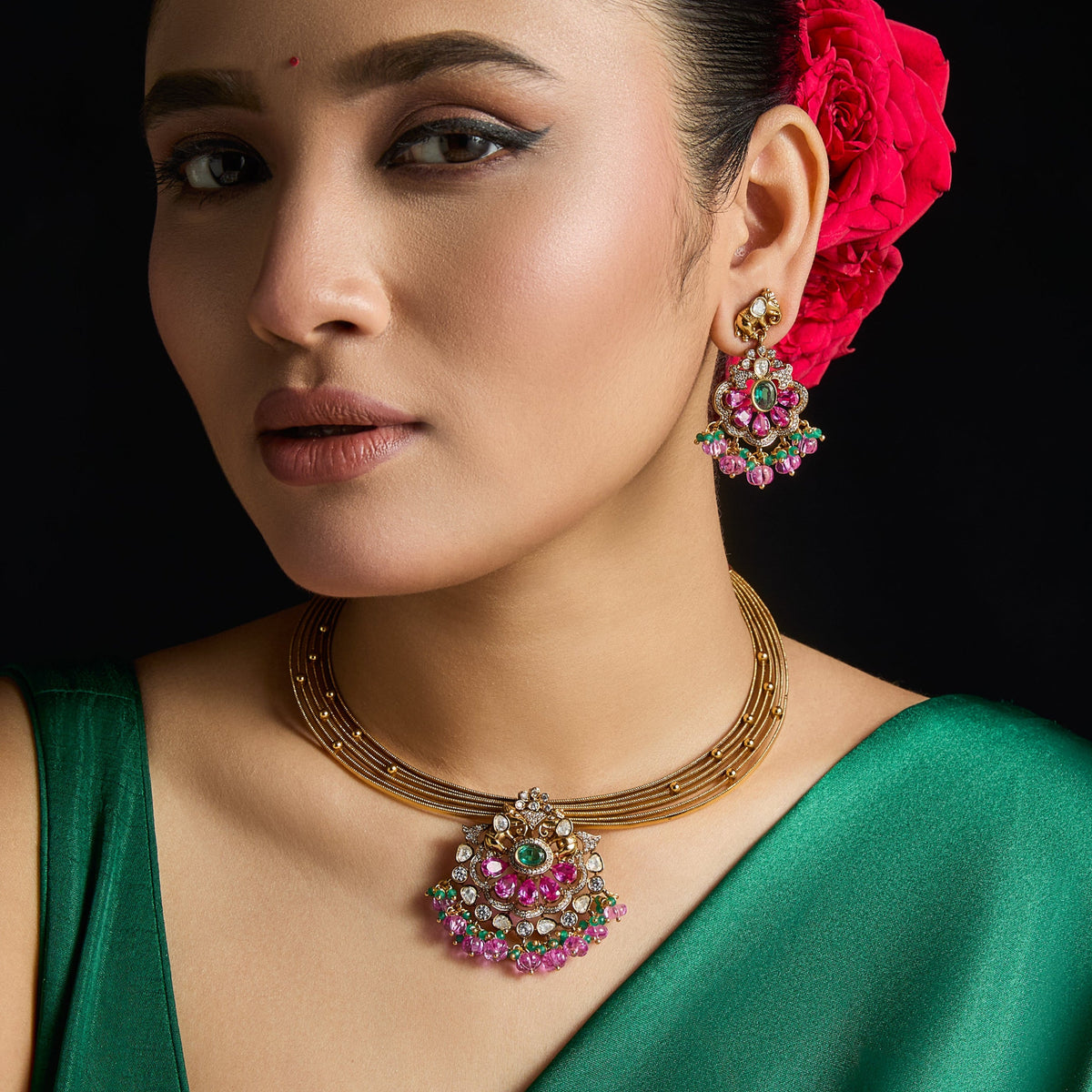 Hansini Kempu Antique Silver Necklace Set