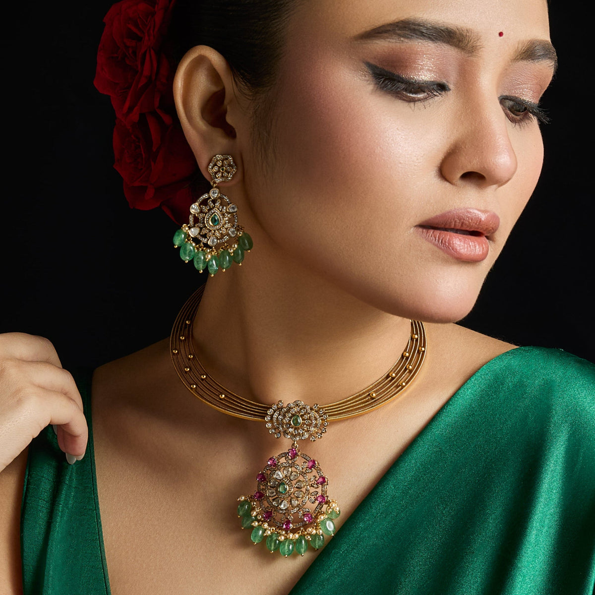 Pranika Kempu Antique Silver Necklace Set