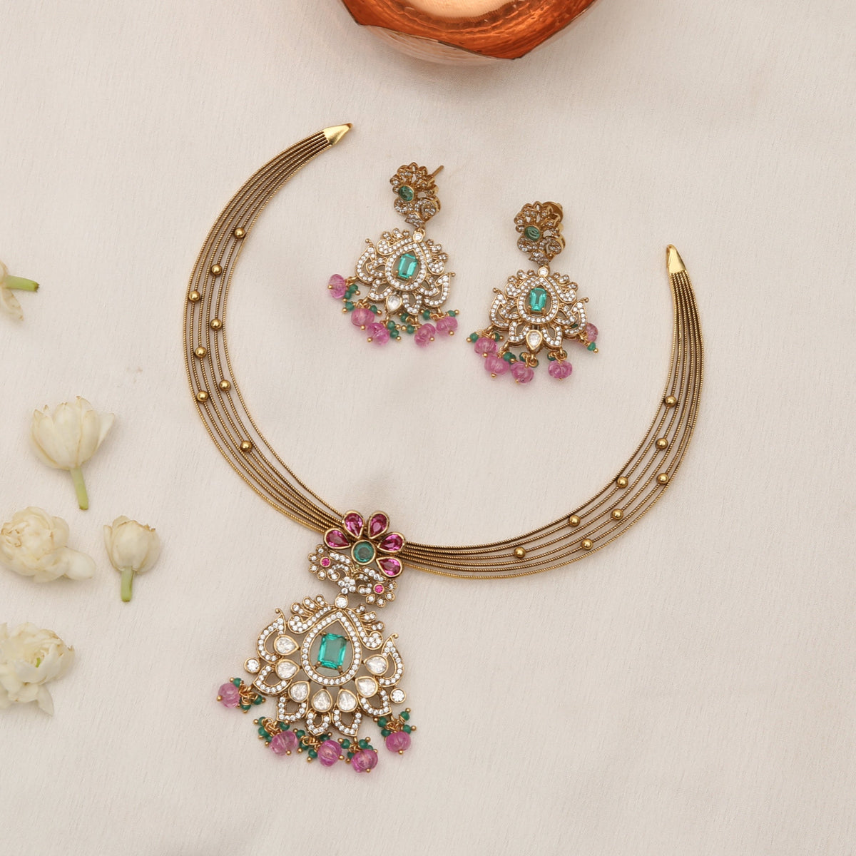 Mohana Kempu Antique Silver Necklace Set