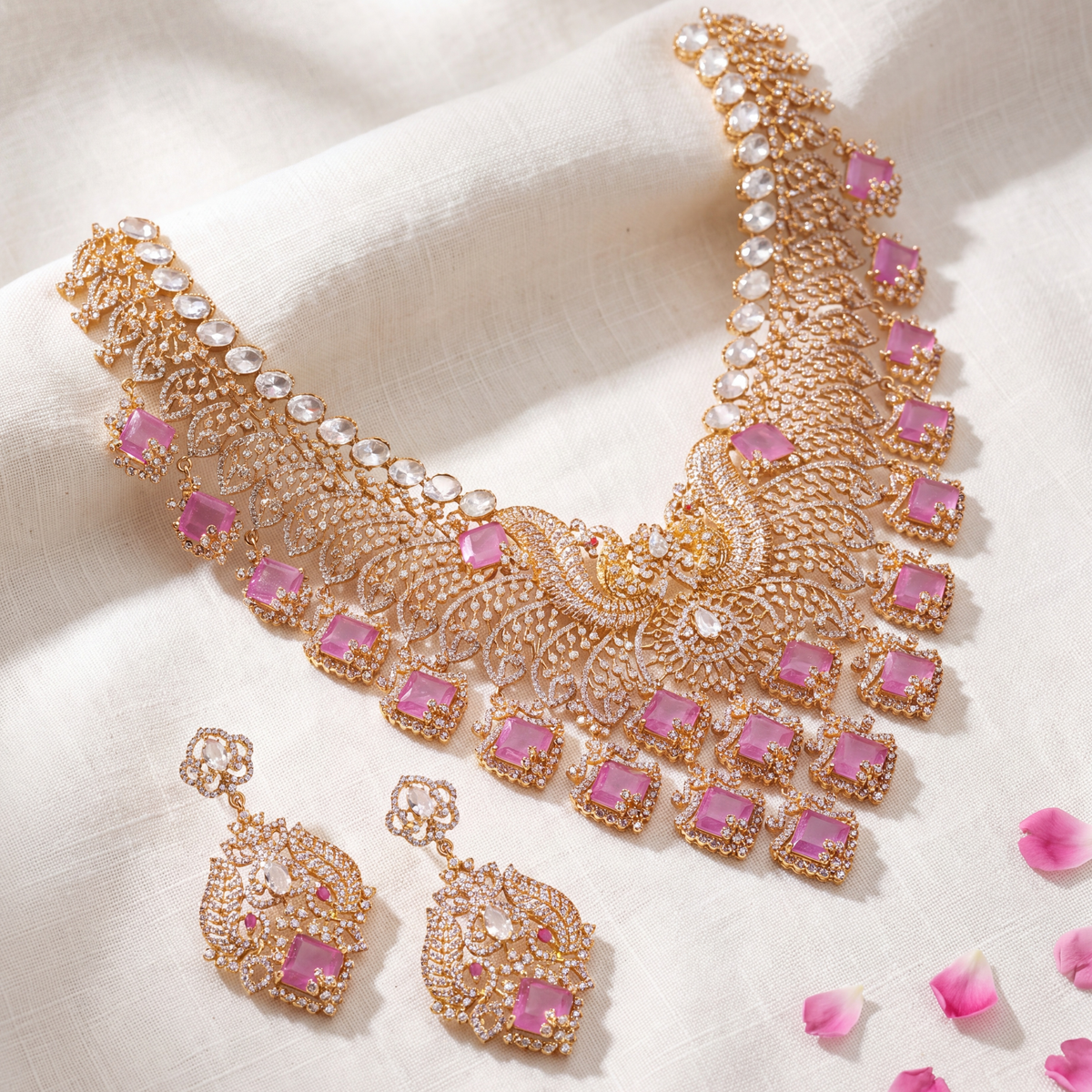 Meenal Moissanite Silver Peacock Necklace Set
