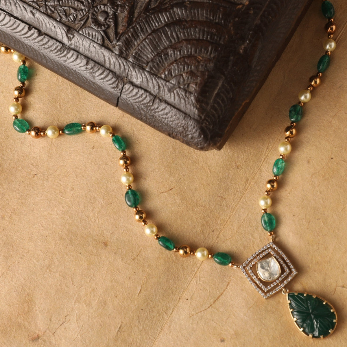 Mystic Green Beaded Silver Moissanite Necklace 