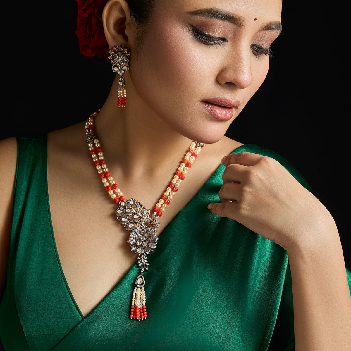 Amara Moissanite Beaded Silver Necklace Set