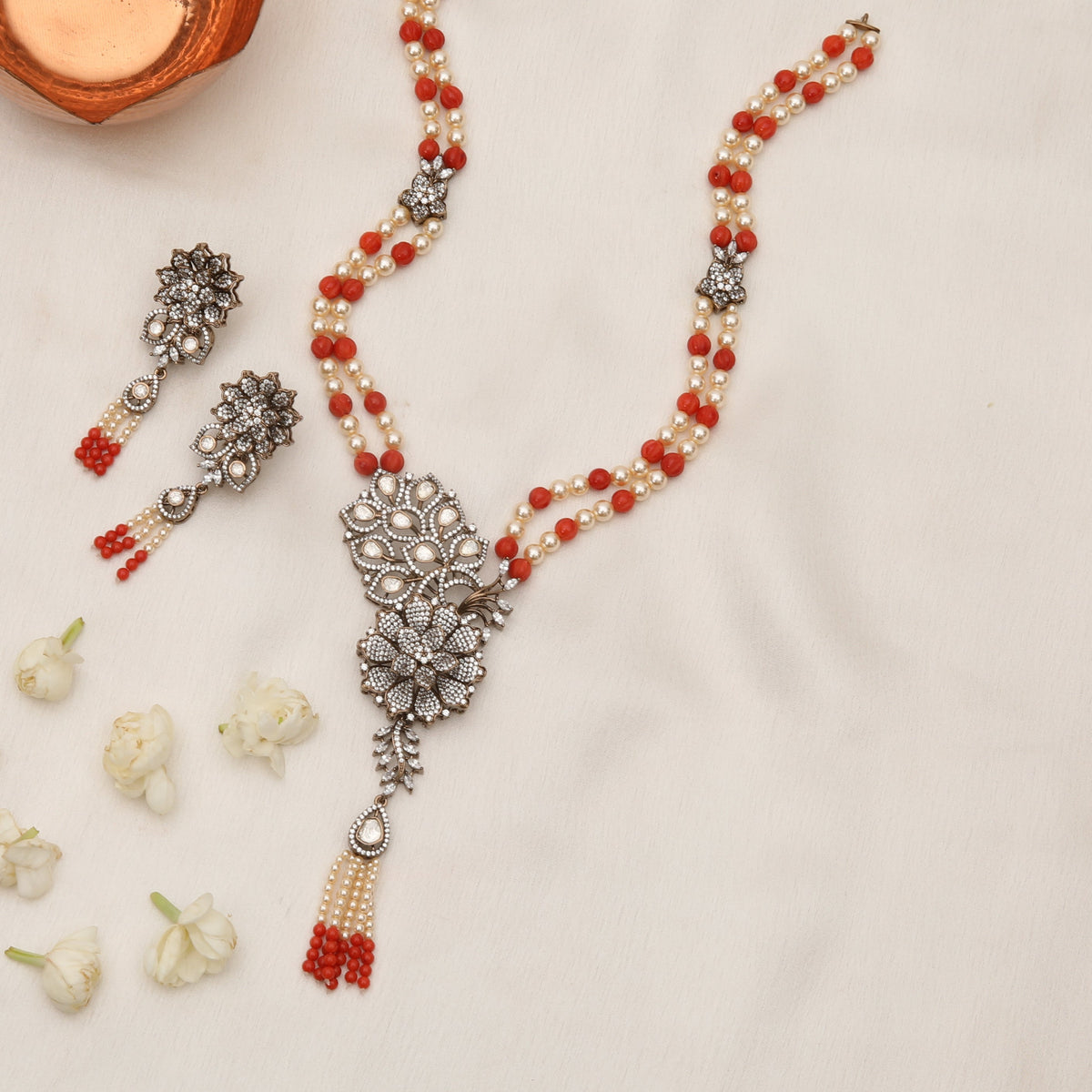 Amara Moissanite Beaded Silver Necklace Set