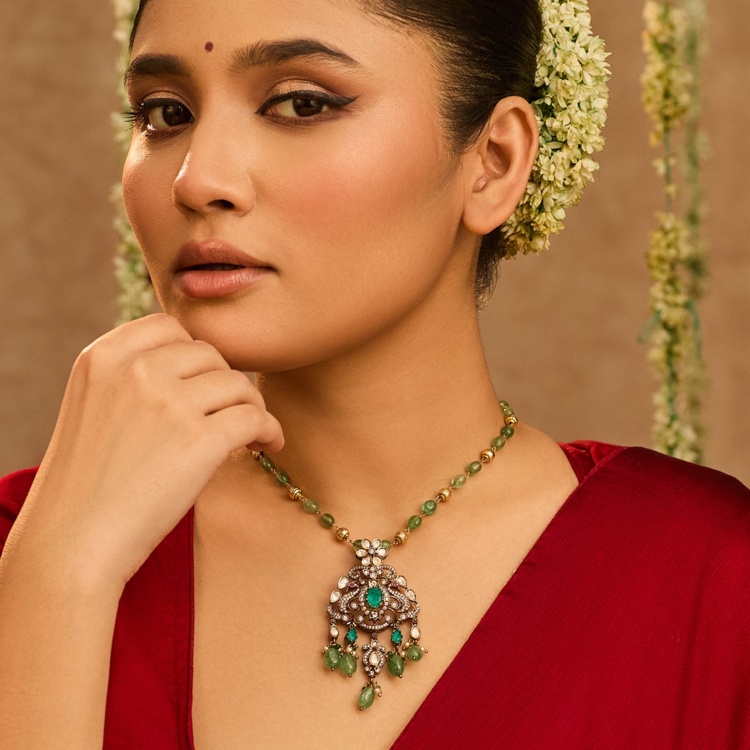 Arpita Moissanite Silver Beaded Pendant Necklace