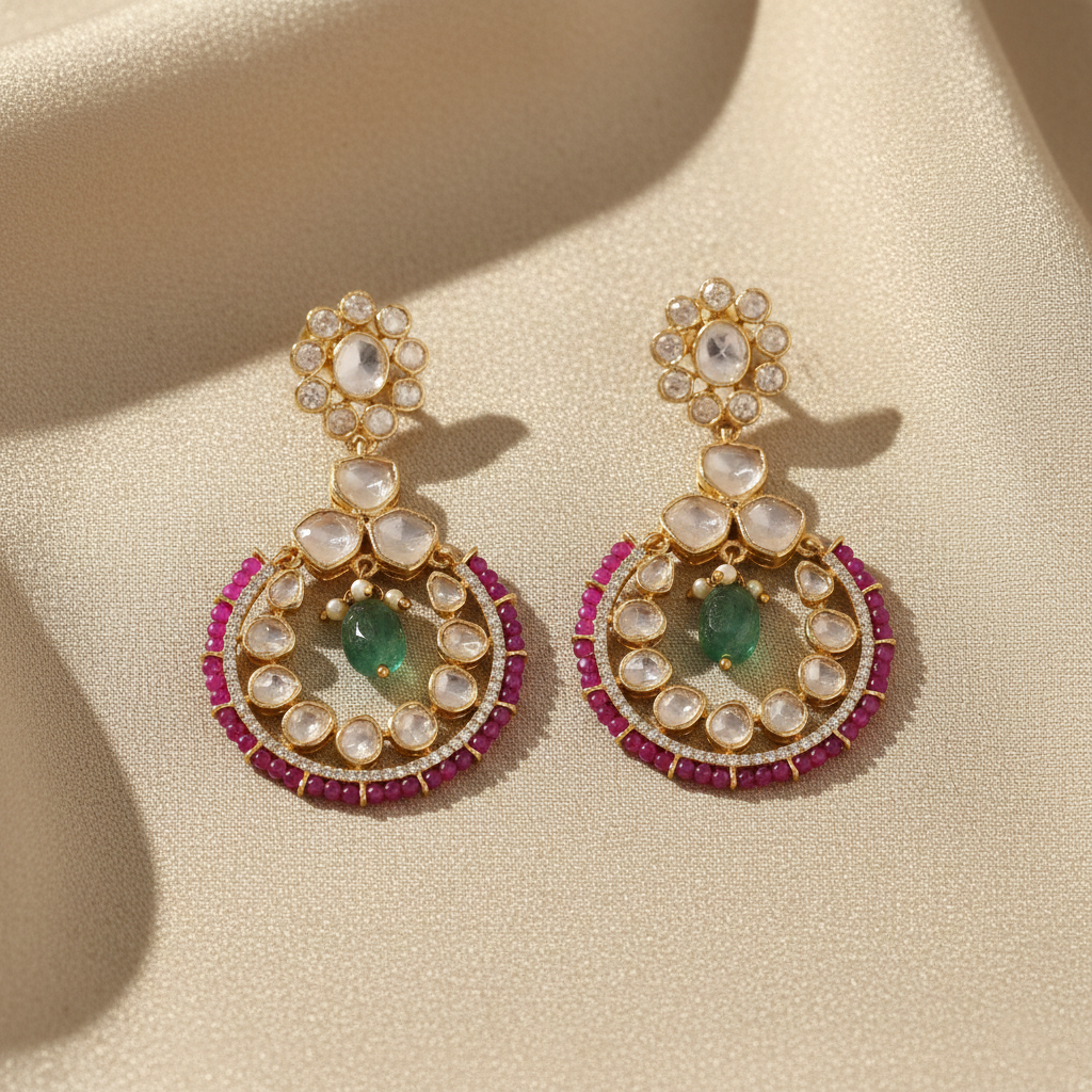 Classic Floral Moissante Silver Chandbali Earrings