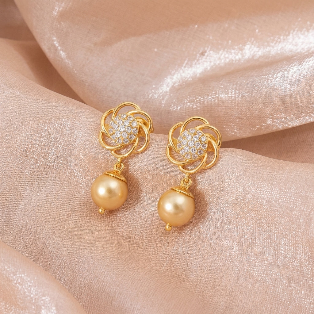 Floral CZ Pearl Drop Silver Earrings