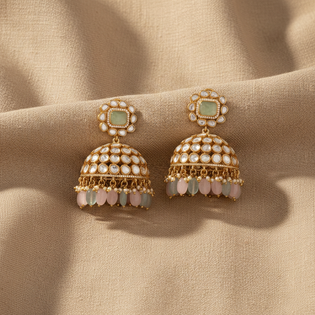 Glaze Floral Moissanite Silver Jhumki Earrings